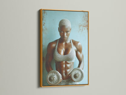 Strong woman fitness art in a gold frame. Gym motivation weightlifting art for a home gym or workout room. This fitness canvas features muscle art. Elevate your gym wall decor with this bodybuilding art piece. The art is contemporary.