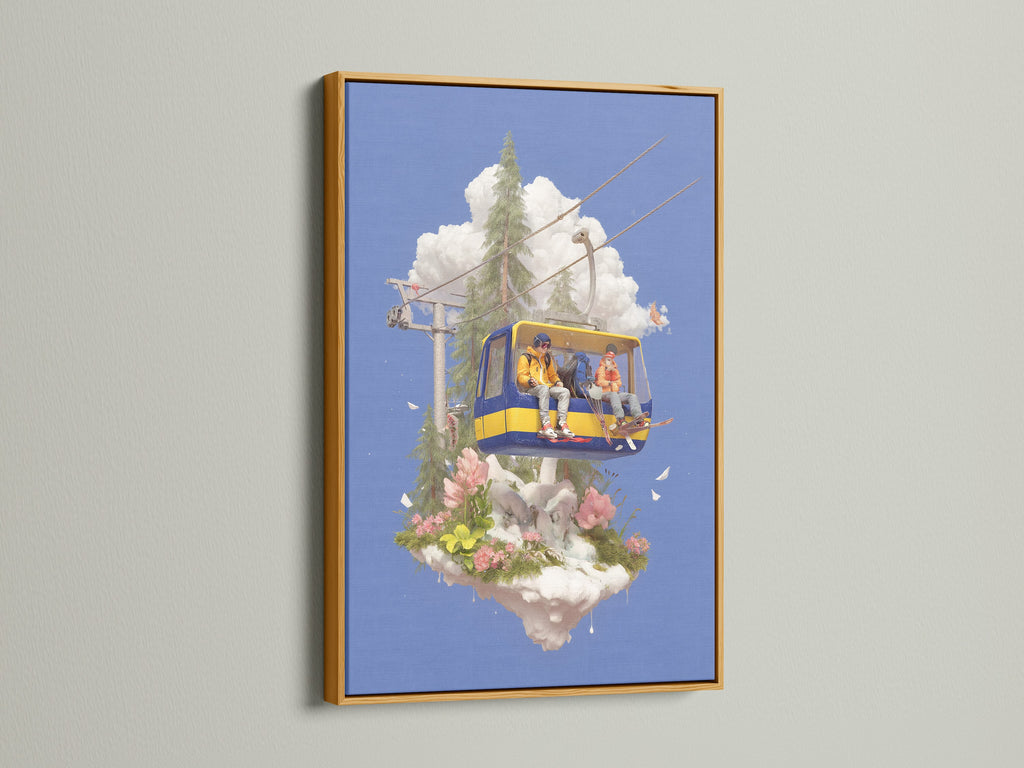 The Ski Lift Adventure artwork is presented in a gold frame. This alpine mountain wall decor brings a whimsical touch. This skiing print is perfect for a kids room or playroom. The winter sports art and cable car print make it ideal for ski lodge decor.