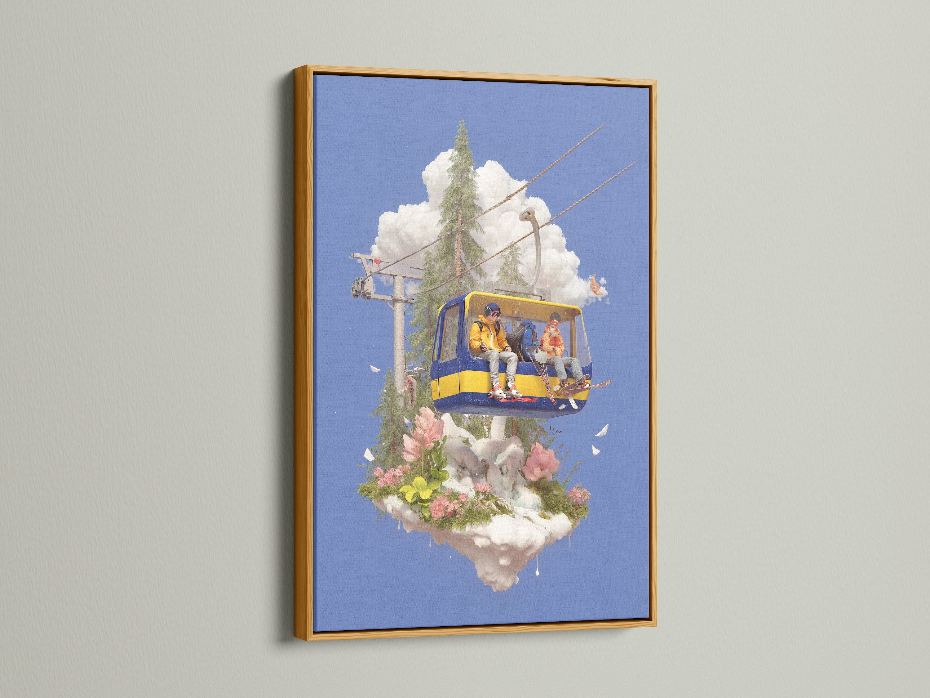 The Ski Lift Adventure artwork is presented in a gold frame. This alpine mountain wall decor brings a whimsical touch. This skiing print is perfect for a kids room or playroom. The winter sports art and cable car print make it ideal for ski lodge decor.