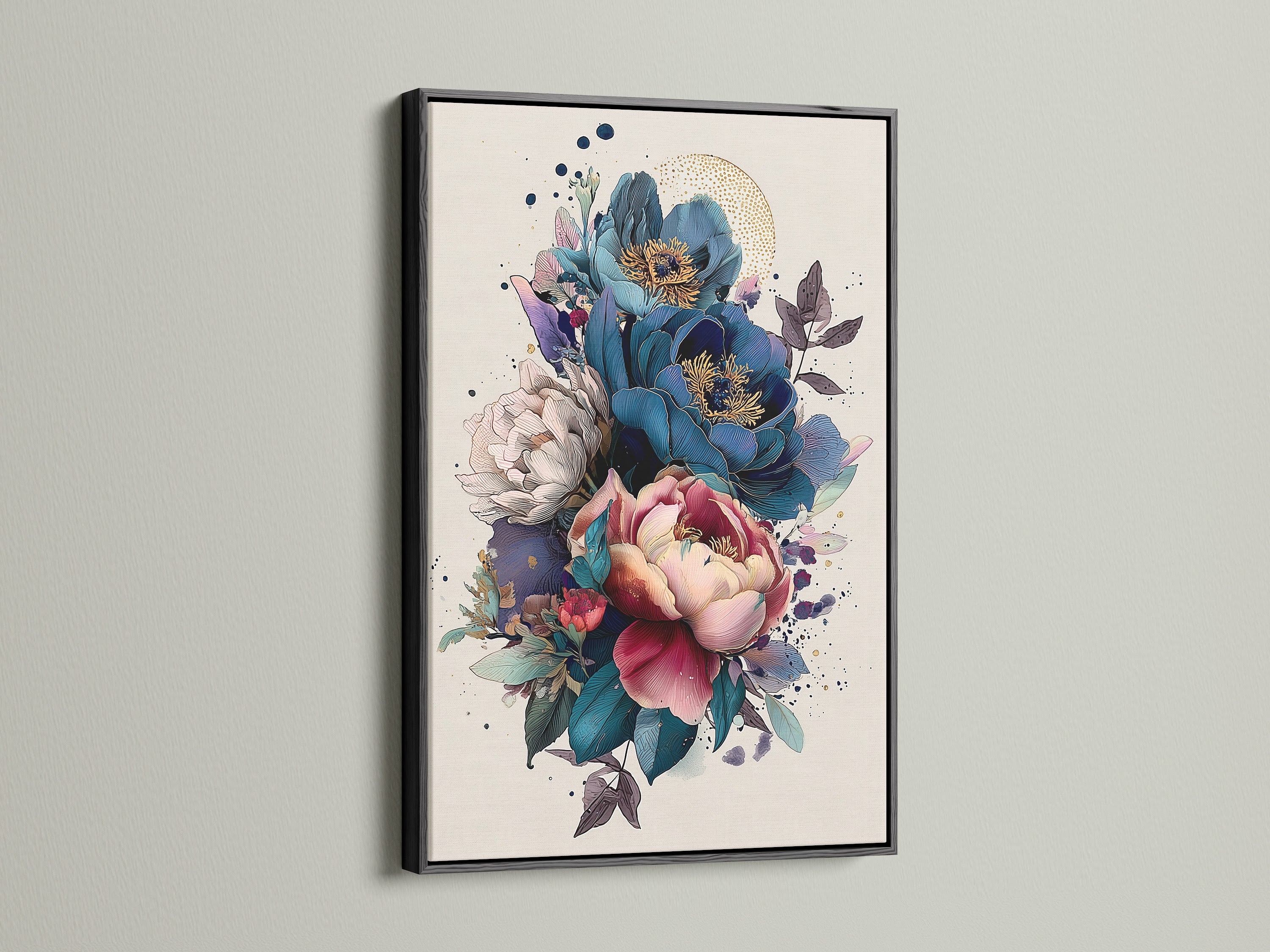 Vintage Floral Art Print - Blue Pink Peony Botanical Wall Art, Modern Home Decor, Living Room Bedroom Art, Nature Illustration