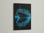 Artwork featuring a container ship with a captivating light blue line art effect. The artwork is encased in a classic black frame. The black frame adds a bold and sophisticated touch. It enhances the artwork's contrast and creates a visually striking display on the wall.