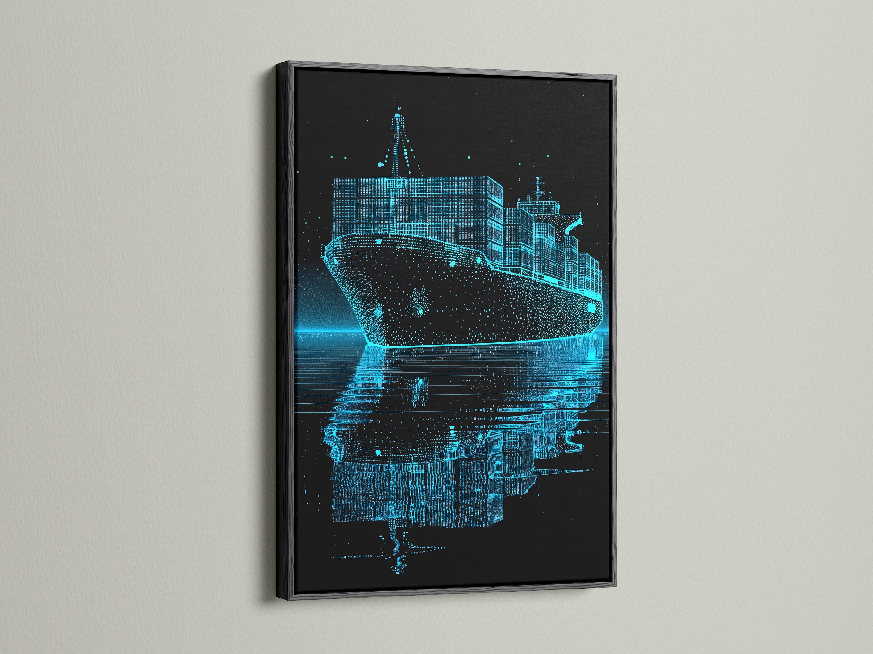Artwork featuring a container ship with a captivating light blue line art effect. The artwork is encased in a classic black frame. The black frame adds a bold and sophisticated touch. It enhances the artwork's contrast and creates a visually striking display on the wall.