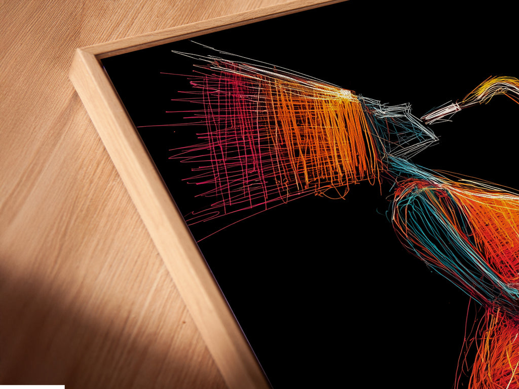 A close-up of a canvas print in a floating frame. The artwork shows a jazz saxophone player. This colorful line art brings a modern touch. It's perfect for music room decor or a jazz club.