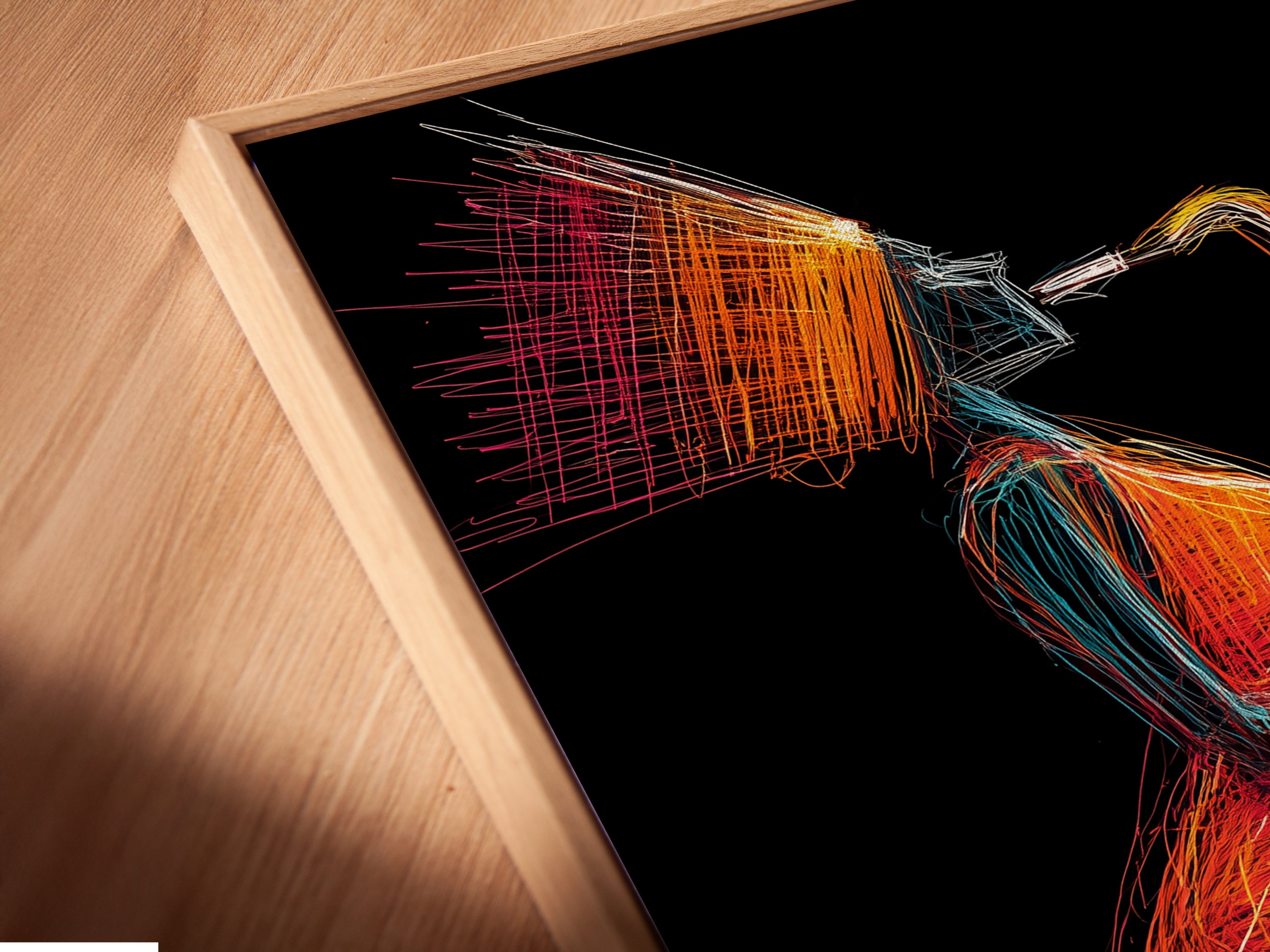 A close-up of a canvas print in a floating frame. The artwork shows a jazz saxophone player. This colorful line art brings a modern touch. It's perfect for music room decor or a jazz club.