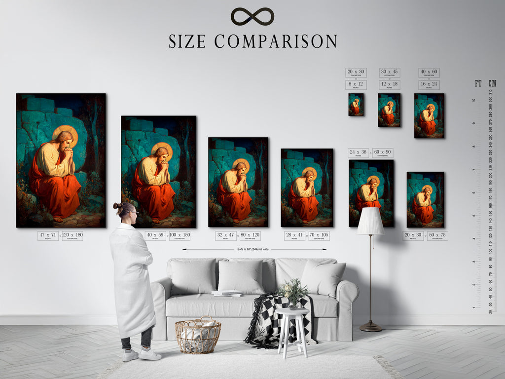 A size comparison chart displayed in an interior. See how different sizes of artwork fit in a room. It helps you visualize the perfect size for your space. Our size chart guides you in making the right choice. Find the ideal artwork size for your home or office.