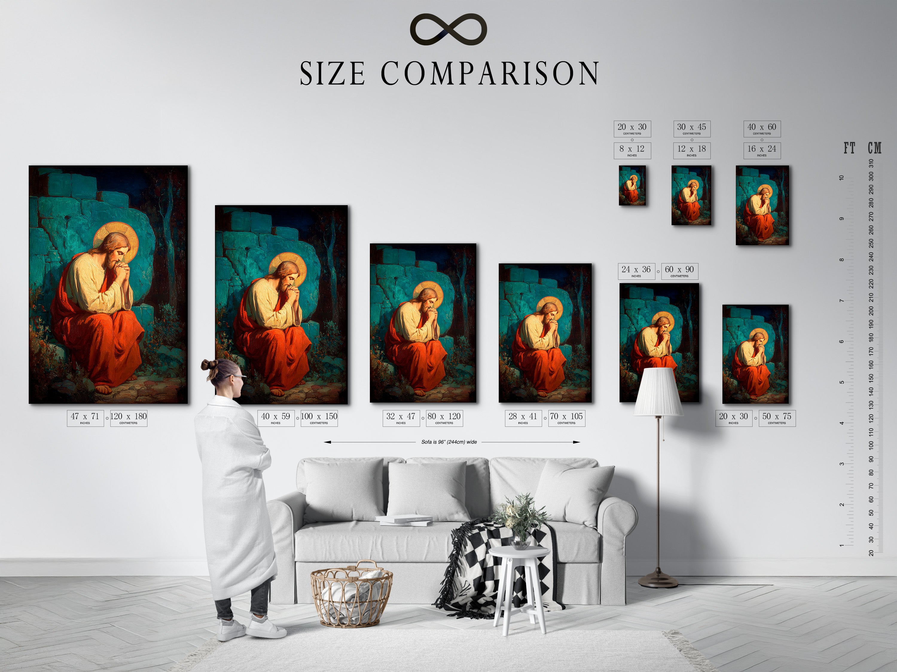 A size comparison chart displayed in an interior. See how different sizes of artwork fit in a room. It helps you visualize the perfect size for your space. Our size chart guides you in making the right choice. Find the ideal artwork size for your home or office.