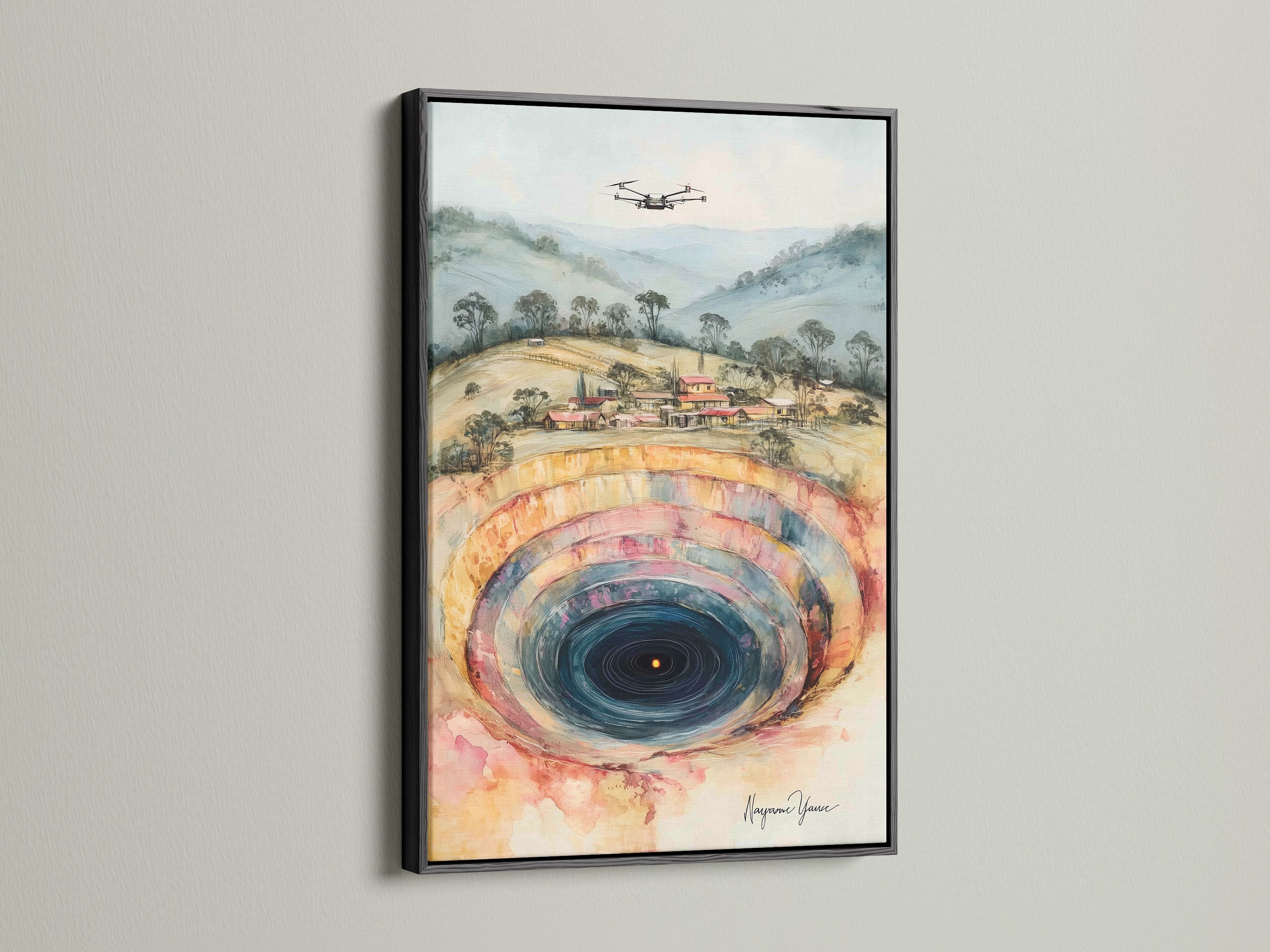 Abstract Mine canvas art with a sleek black frame. The artwork depicts a unique hole canvas. The black frame accentuates the modern art print. Ideal for adding a contemporary touch to your office or living room. A striking piece of wall decor.
