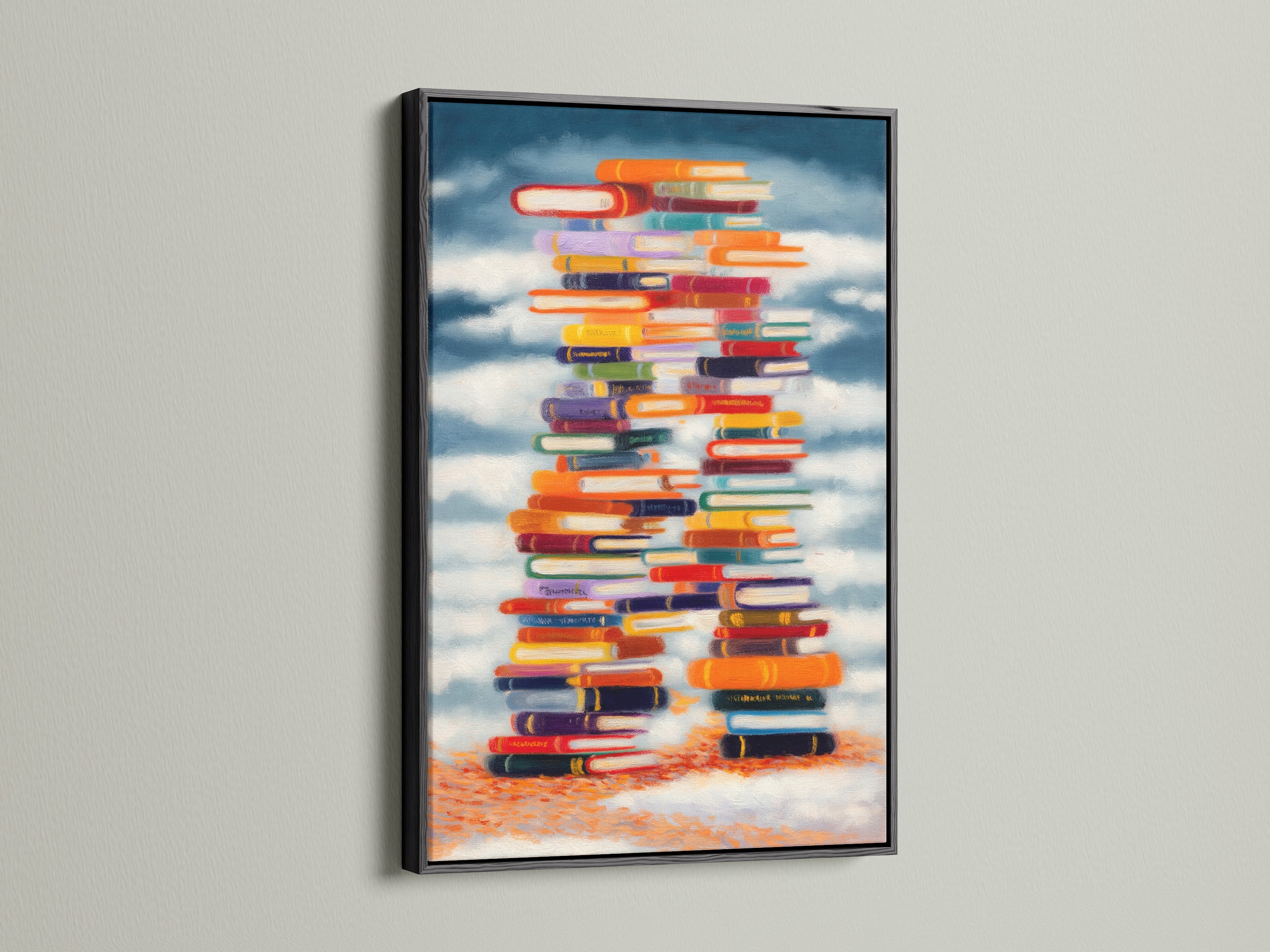 A Stacked Books Canvas Print in a sleek black frame. This vintage-style artwork is great for academic decor or a reading nook. The black frame provides a modern contrast.
