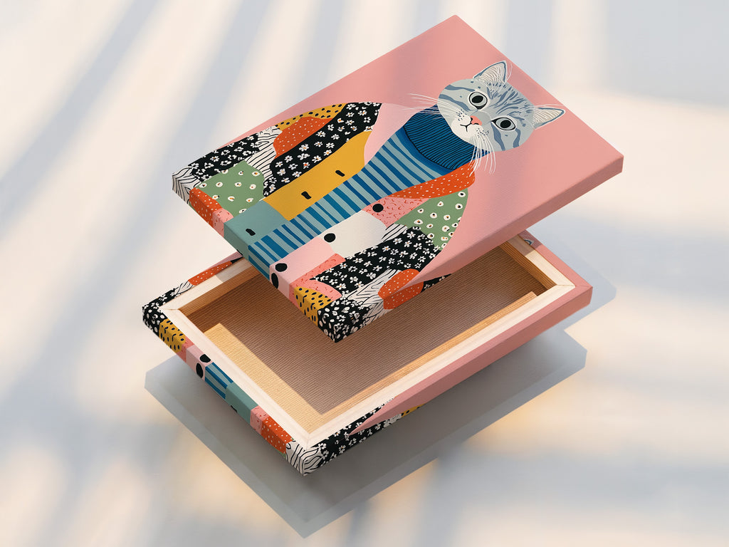 Eigenzinnige kattenkunstprint - Folk Art Cat Canvas, grillige dierenmuurkunst voor de kinderkamer