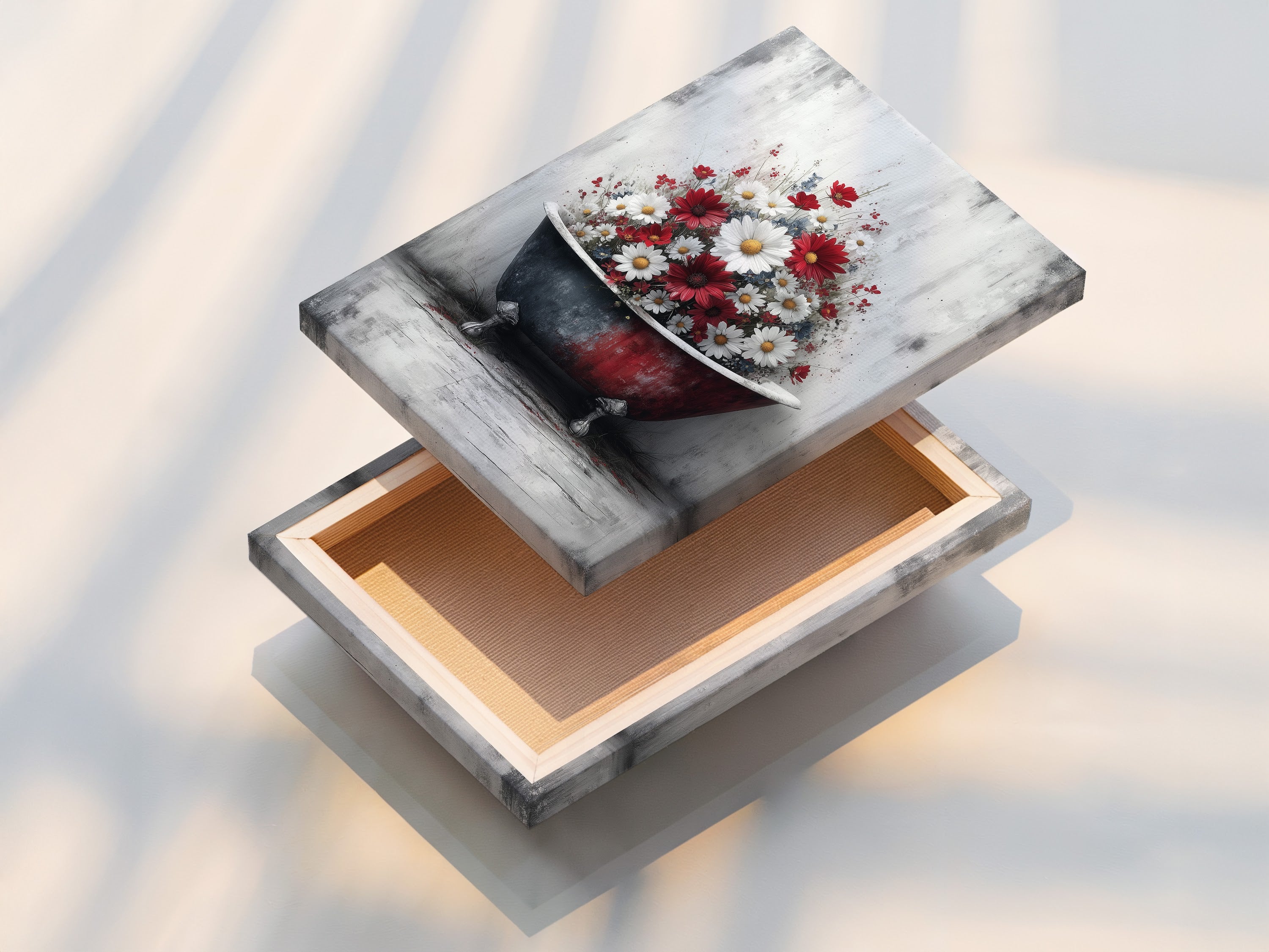 This is a stretched canvas print of vintage bathtub artwork. It features a clawfoot tub filled with red and white flowers. Ready to hang this farmhouse wall artwork will add elegance to your bathroom. Buy now.