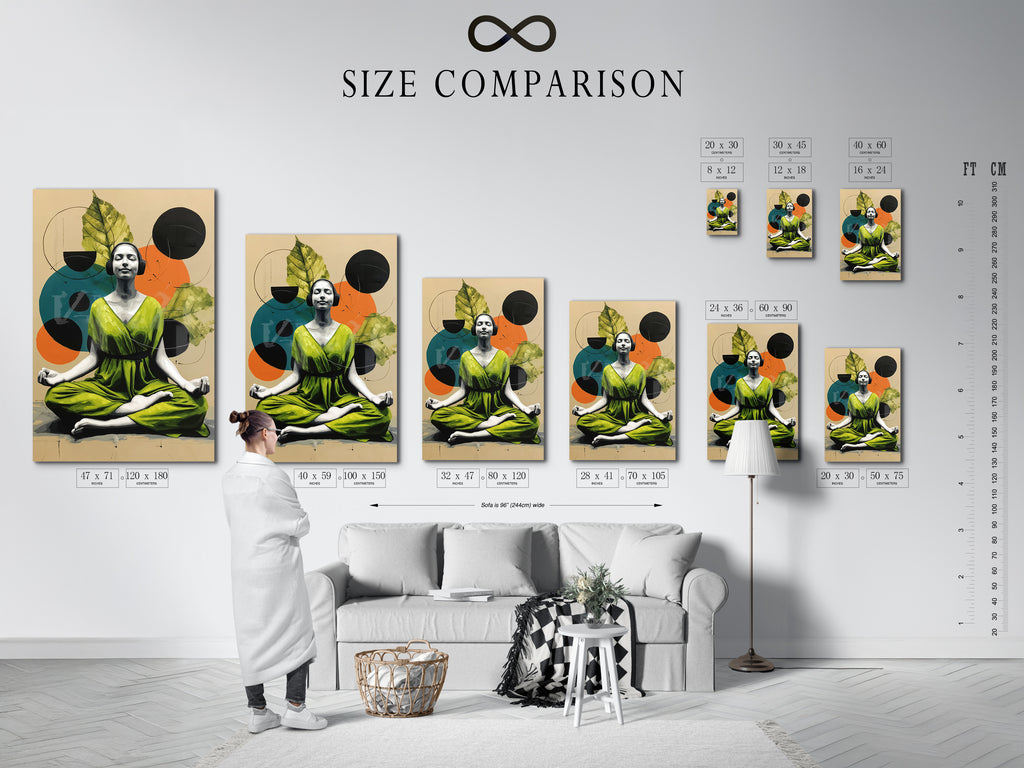A size comparison chart is displayed in an interior setting. Visualize the perfect dimensions for your artwork. Choose the ideal size for your meditation art. See how different sizes fit your space. Find the perfect zen yoga canvas print.