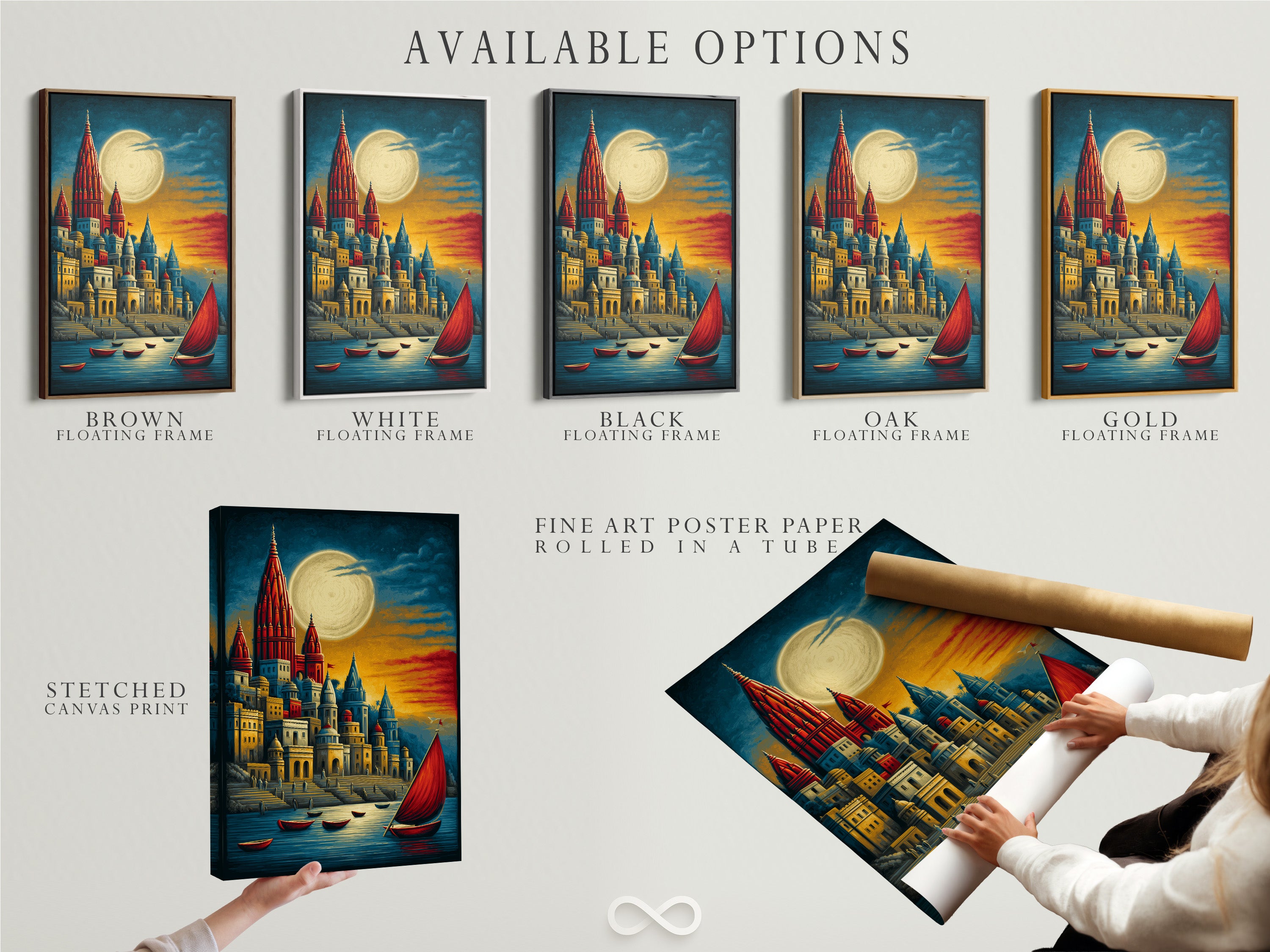 Available options include a stretched canvas print fine art poster paper and floating frame. The artwork features a medieval castle and moonlit harbor scene. This is great addition to Living Room Wall Art or Hallway Art