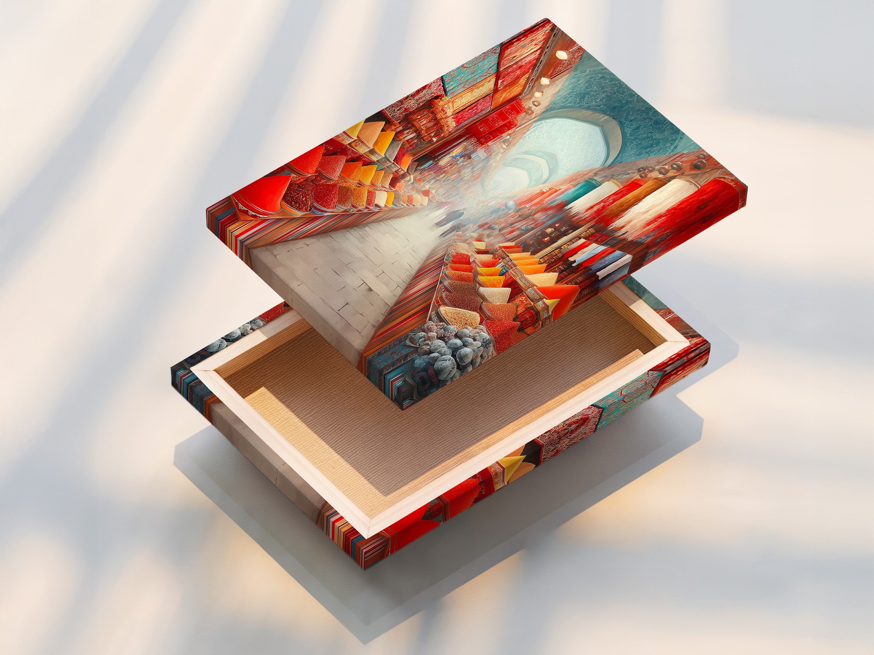 A stretched canvas print of the Spice Market. The colorful food photography is ideal for kitchens and dining rooms. This exotic bazaar wall art is perfect for restaurants studios lobbies clinics cafés and boardrooms. Enhance your space today.