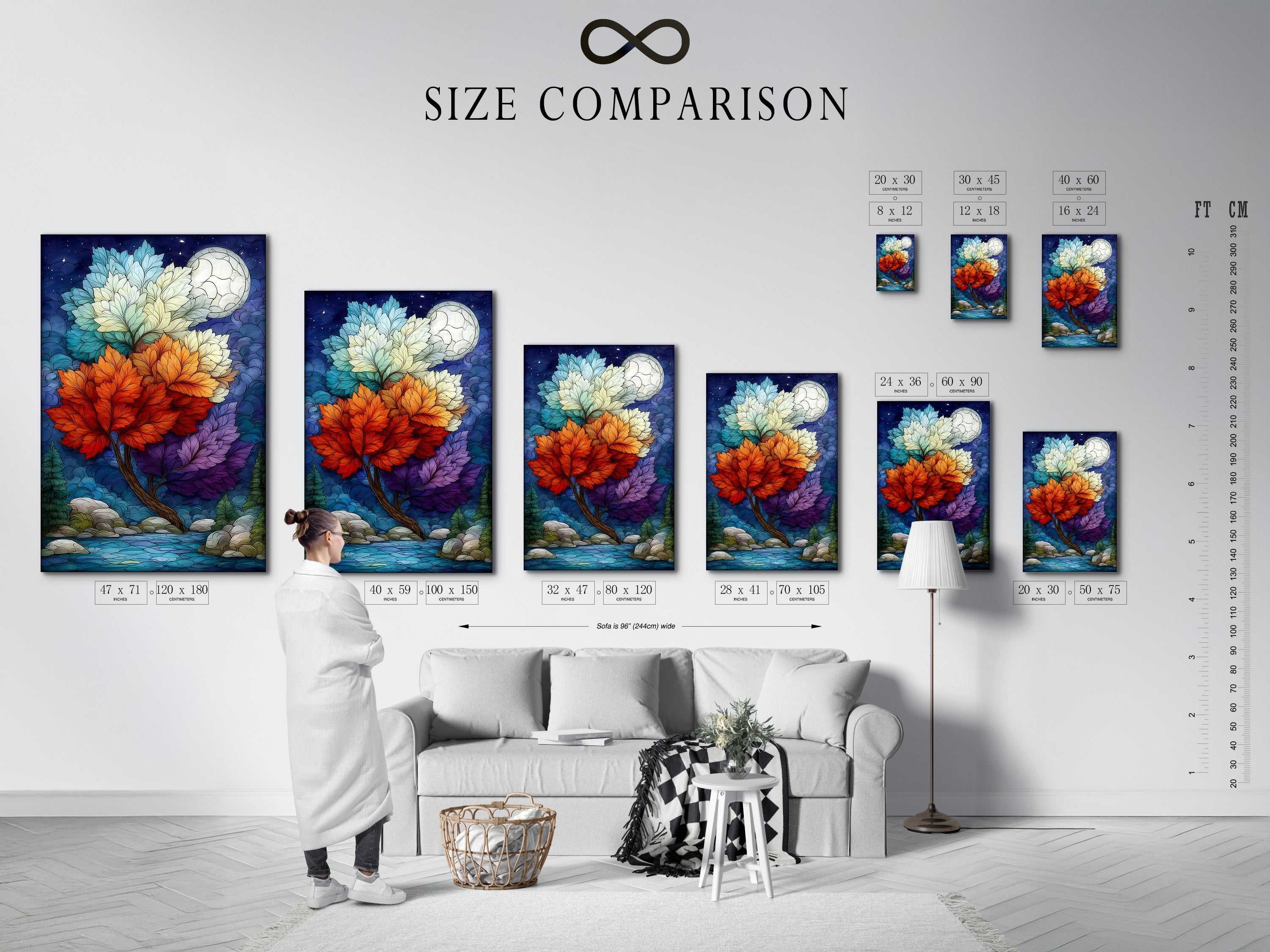 A size comparison chart is shown in an interior setting. It allows you to visualize the different sizes of the magical tree artwork in your space. The artwork features a colorful nature scene with a fantasy moon. Find the perfect size for your home or office.