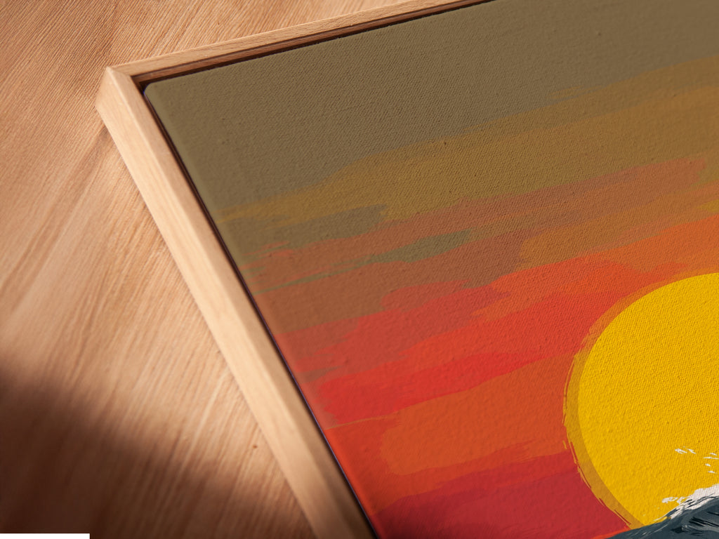 Get a closer look at our stunning floating frame canvas print. This coastal artwork features a surfer riding a sunset wave. The floating frame enhances the artwork's beauty. It creates a sophisticated look for any space. Perfect for showcasing your surfing art.