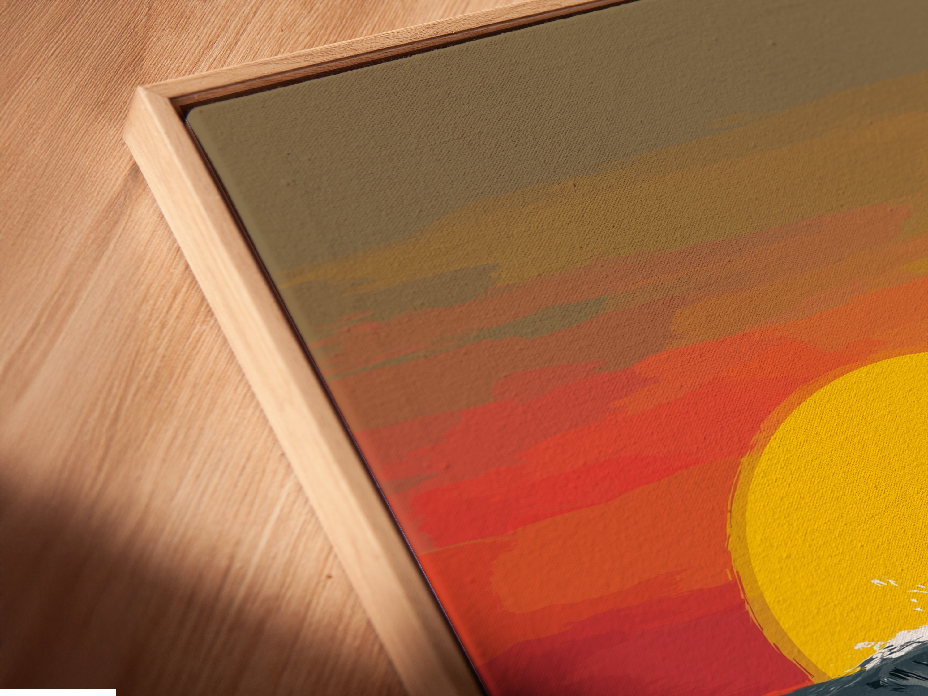 Get a closer look at our stunning floating frame canvas print. This coastal artwork features a surfer riding a sunset wave. The floating frame enhances the artwork's beauty. It creates a sophisticated look for any space. Perfect for showcasing your surfing art.