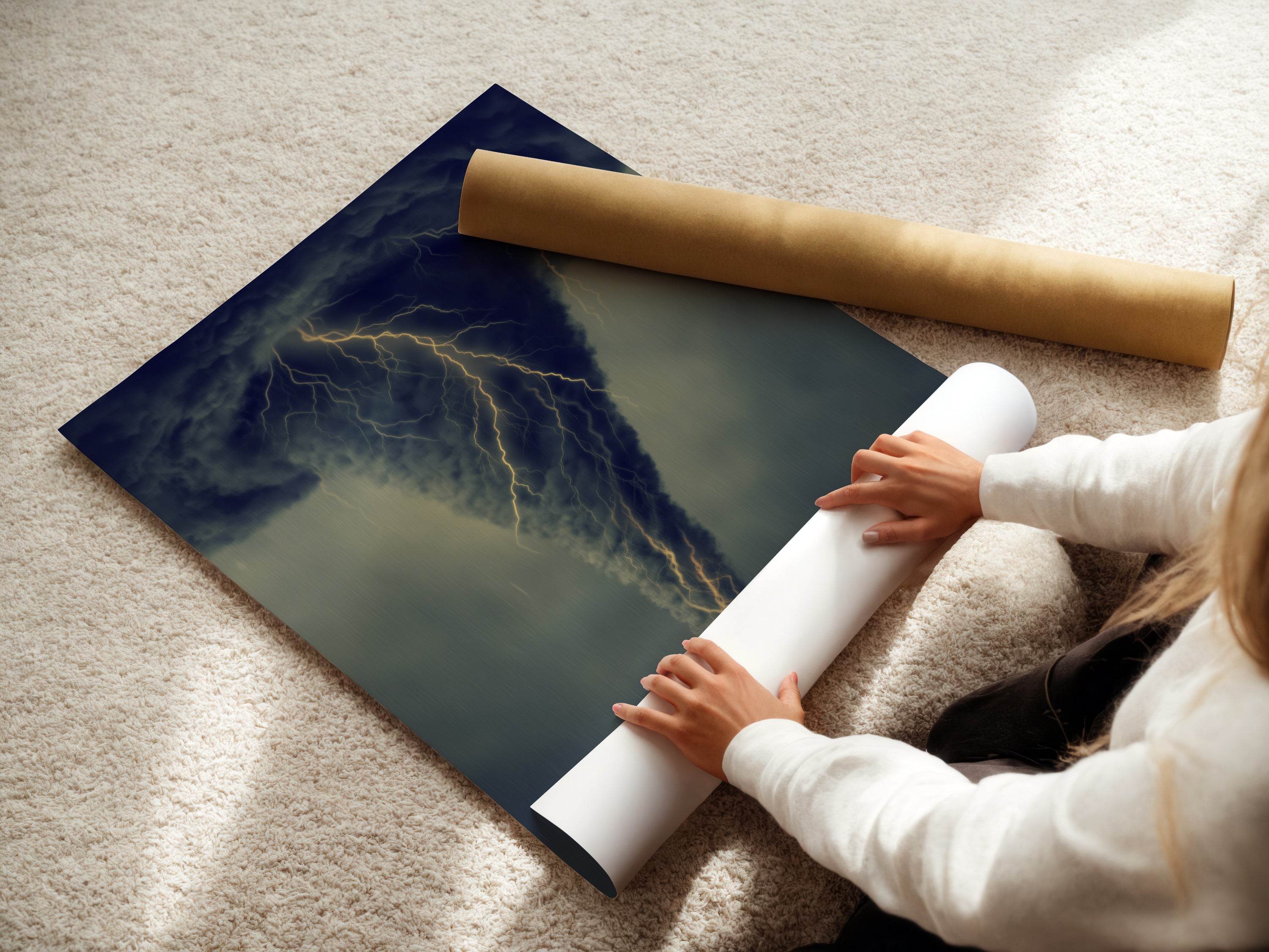 A woman is carefully rolling a fine art poster paper. The poster features a dramatic tornado. This high-quality print is perfect for adding moody decor. The fine art paper enhances the details of the artwork. Consider this for your office