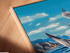 Angled close up of a canvas print artwork in a floating frame. The artwork appears to hover within the frame creating a modern and sophisticated look. This framing style enhances the artwork's visual appeal offering a unique display option.