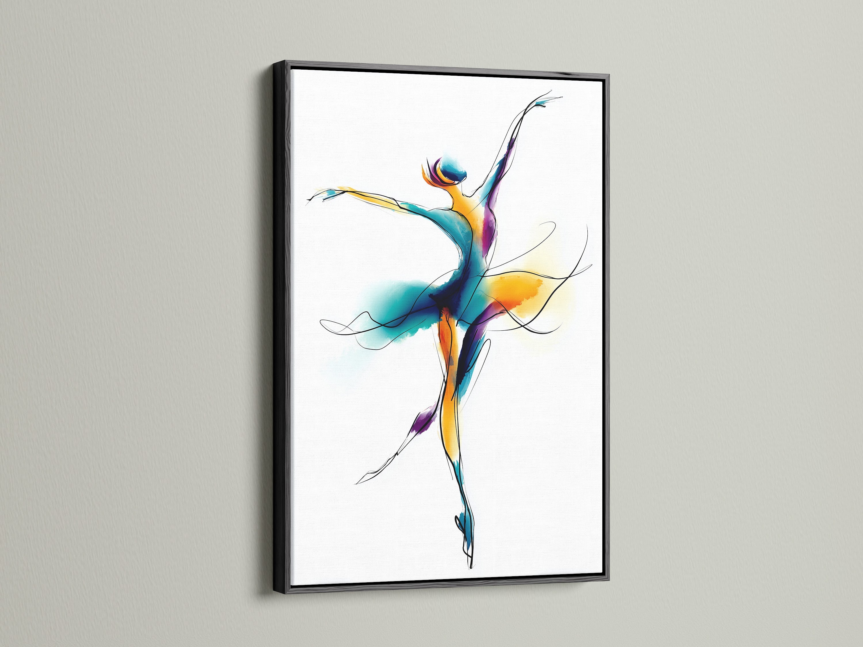 Framed ballet dancer artwork with a black frame. This wall art features a watercolor dance illustration. Perfect contemporary movement artwork for a dance studio. The primary color is blue. The secondary color is gold.  Ideal for modern home decor.