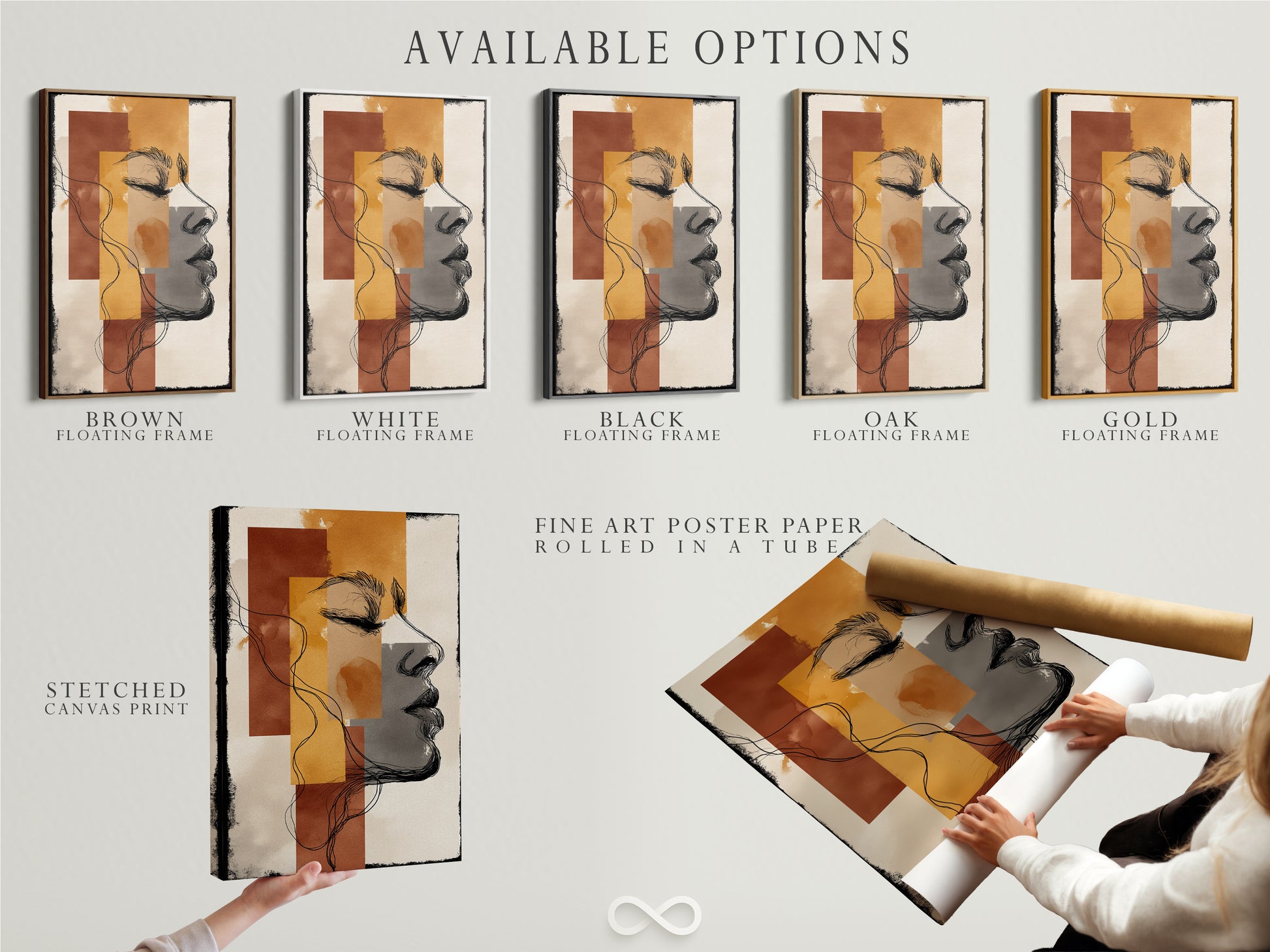 Explore available options for this stunning artwork. Choose from a stretched canvas print a fine art poster paper or a floating frame. The abstract woman profile art features modern line drawings. Terracotta and mustard wall art tones add warmth. Customize your piece to perfectly match your decor. Create a chic and artistic statement in your home.