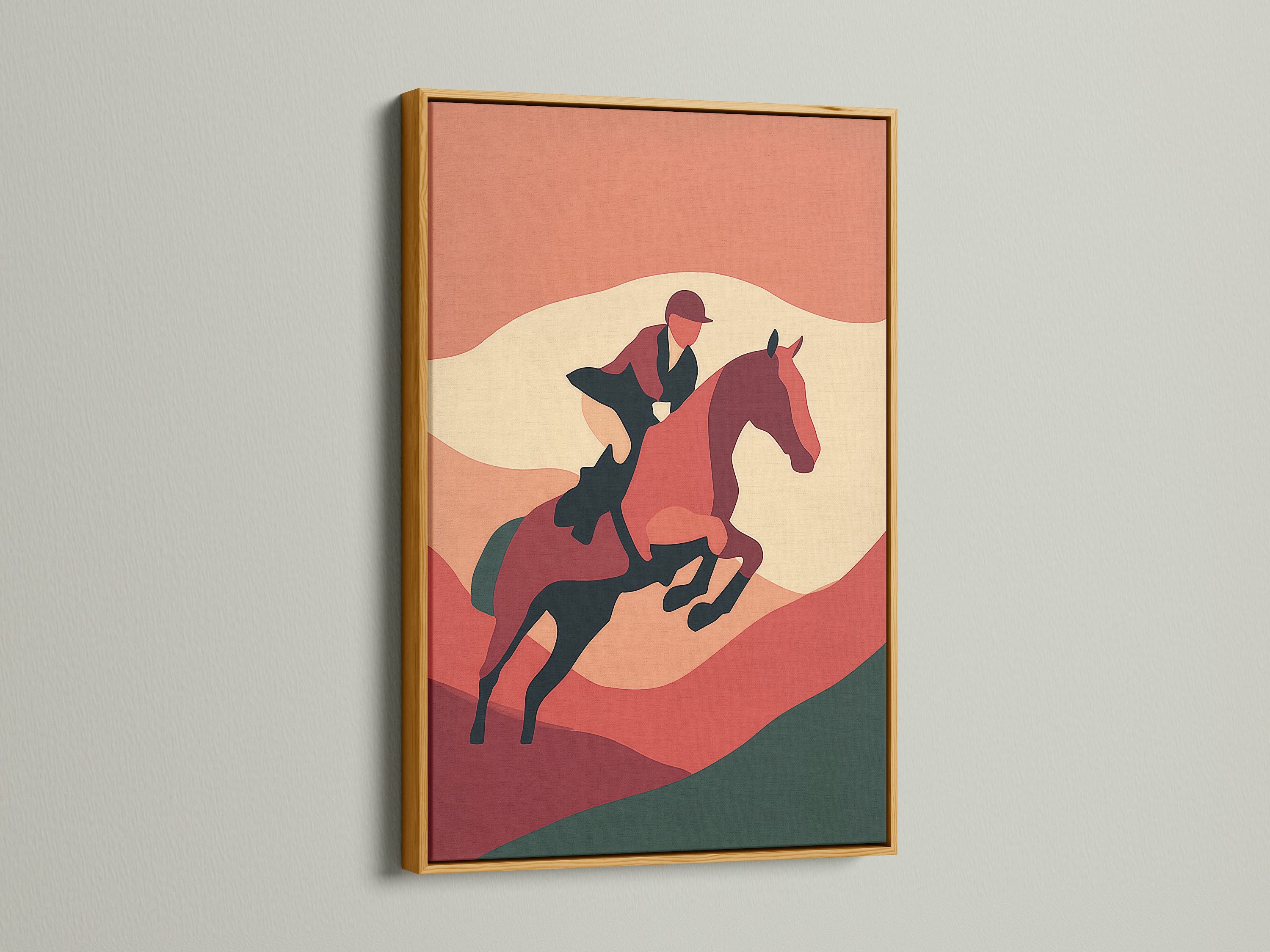 Equestrian art print displayed in a gold frame. This vintage horse art showcases terracotta hues. This western wall art adds a touch of luxury. Perfect for equestrian club members and collectors. Elevate your decor with this exquisite horse artwork for a study room.