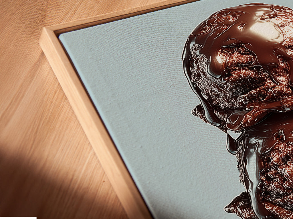 A close-up angle shows a canvas print in a floating frame. The chocolate ice cream cone artwork looks stunning. The floating frame gives a modern and sophisticated look. This print adds depth and dimension to your walls. It's a perfect statement piece.