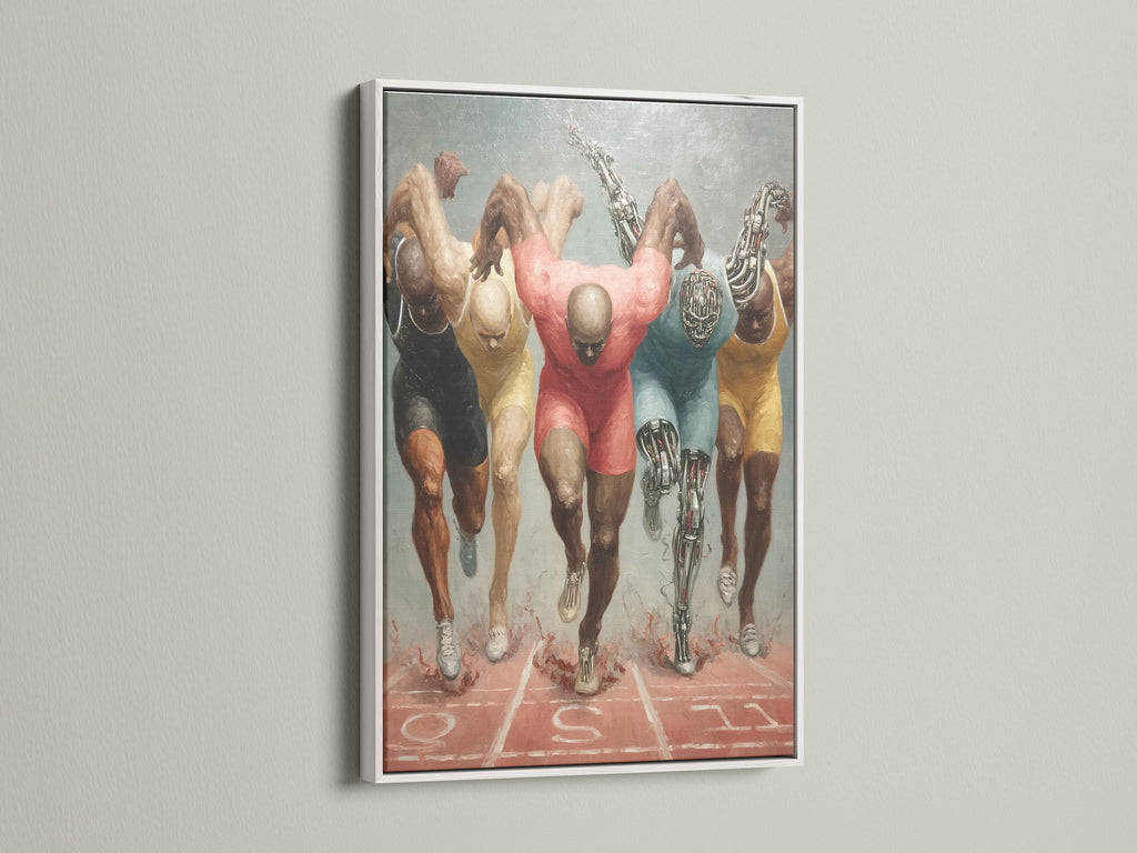 Running athletes artwork in a white frame. This track and field art brings a clean modern look to your space. The white frame makes the colors pop. Ideal for a home gym or office. It complements contemporary decor.