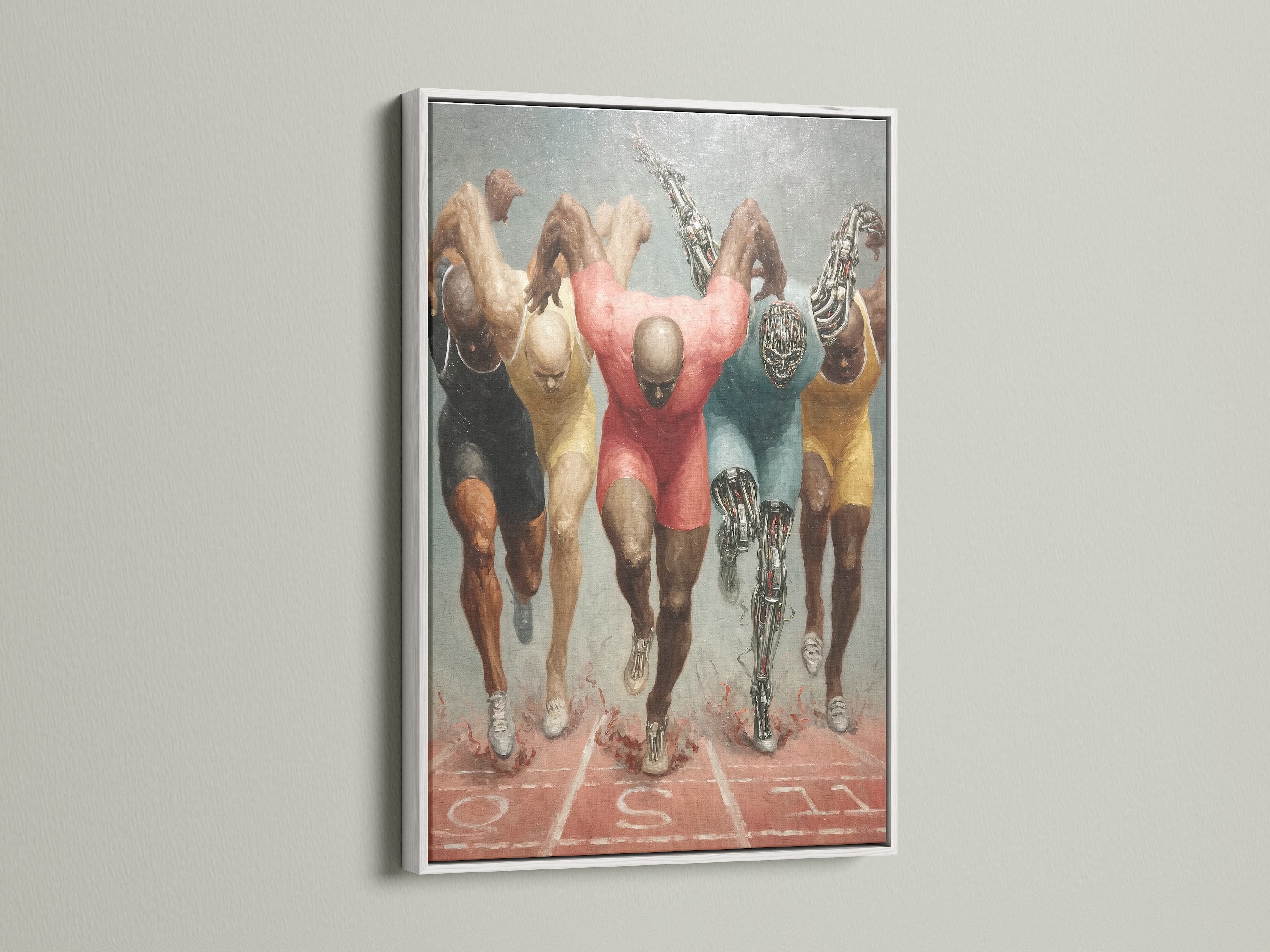 Running athletes artwork in a white frame. This track and field art brings a clean modern look to your space. The white frame makes the colors pop. Ideal for a home gym or office. It complements contemporary decor.