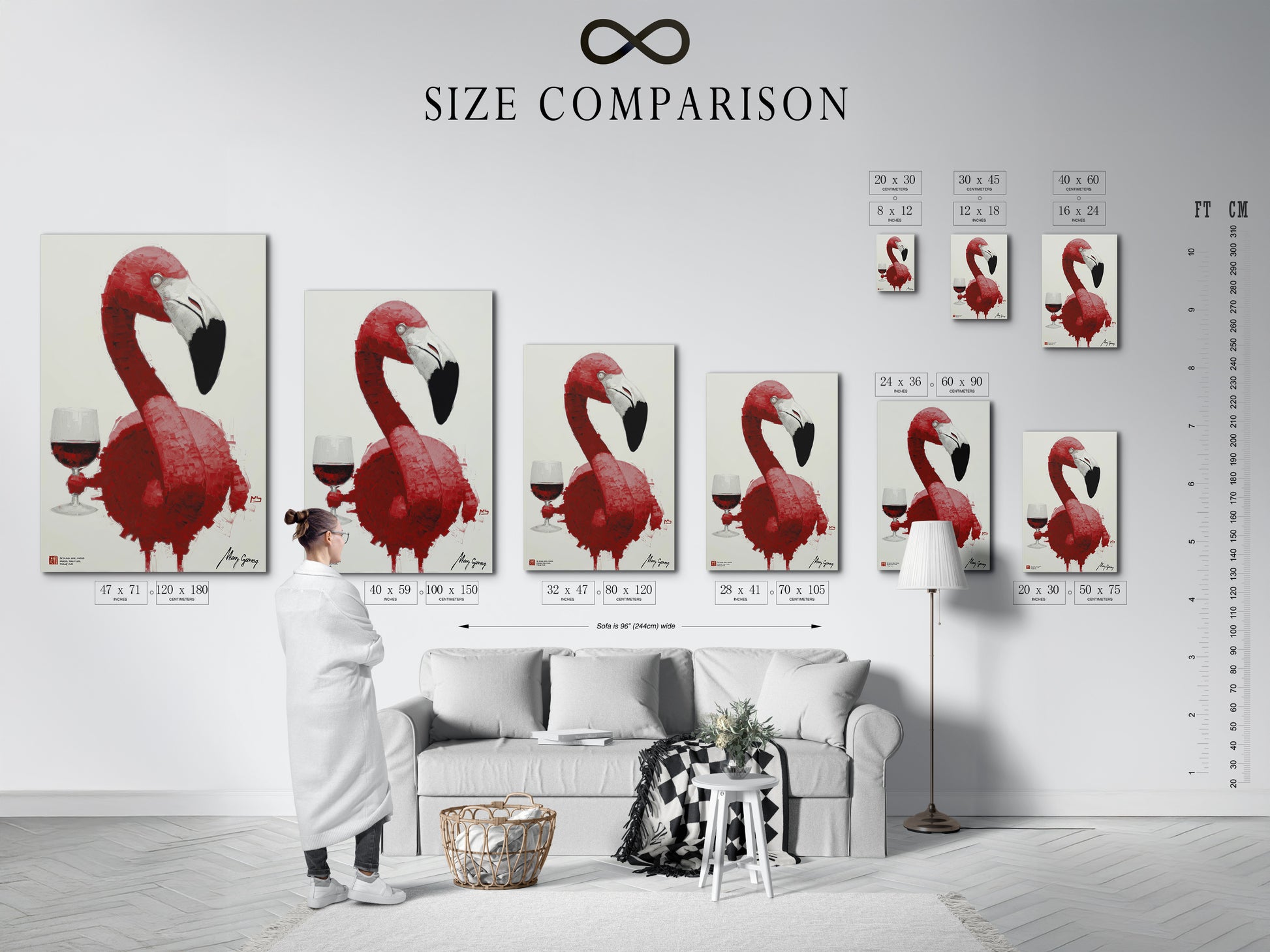 Size comparison chart in an interior setting featuring a pink flamingo wine art print. See how this modern animal artwork fits perfectly in any space. Visualize the ideal size for your living room or dining room decor. Shop now for the perfect fit.