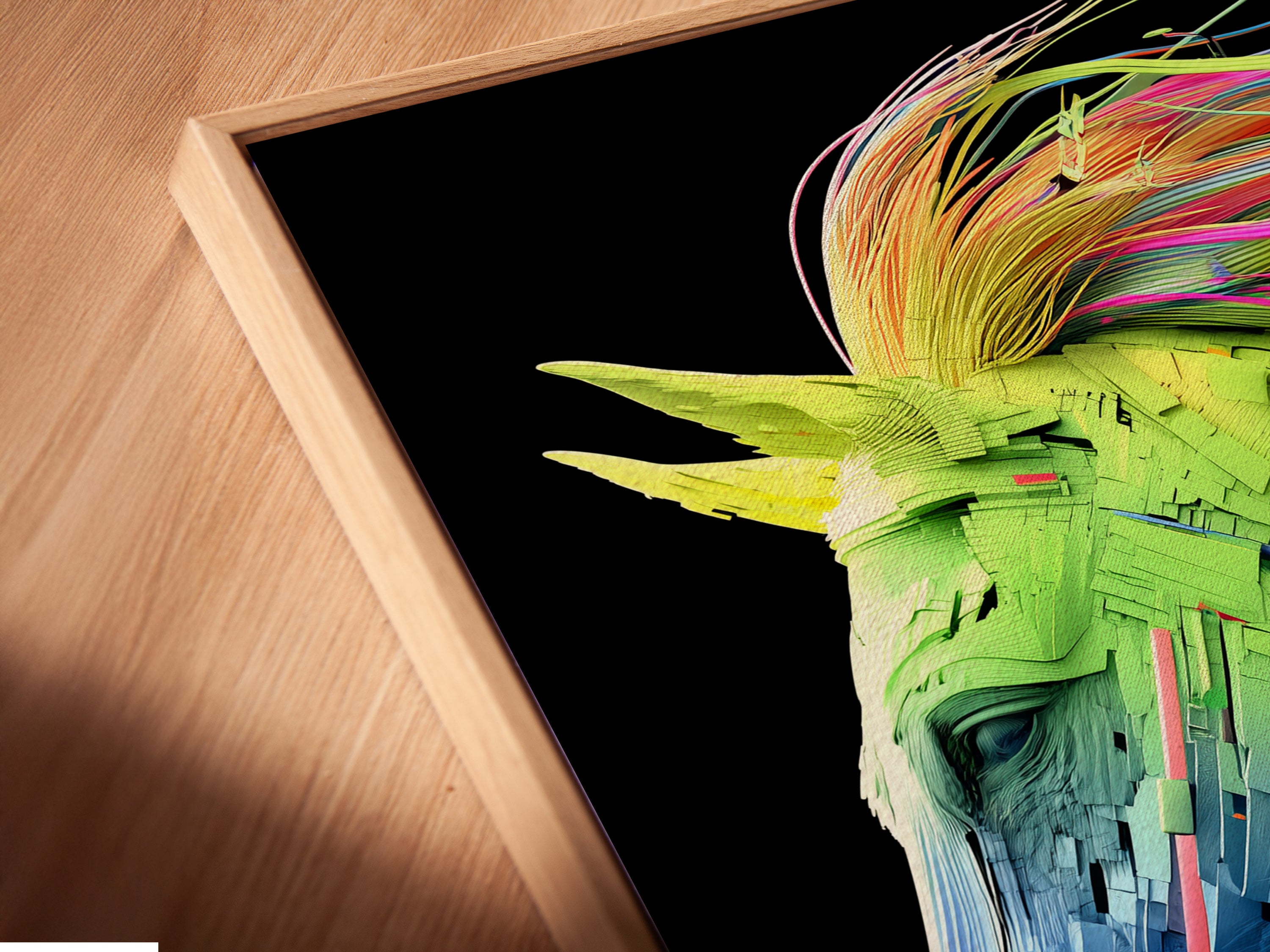 Get a close-up look at a canvas print in a floating frame. The horse art and cityscape blend seamlessly. This modern piece enhances any space. It is ideal for contemporary decor and art lovers.