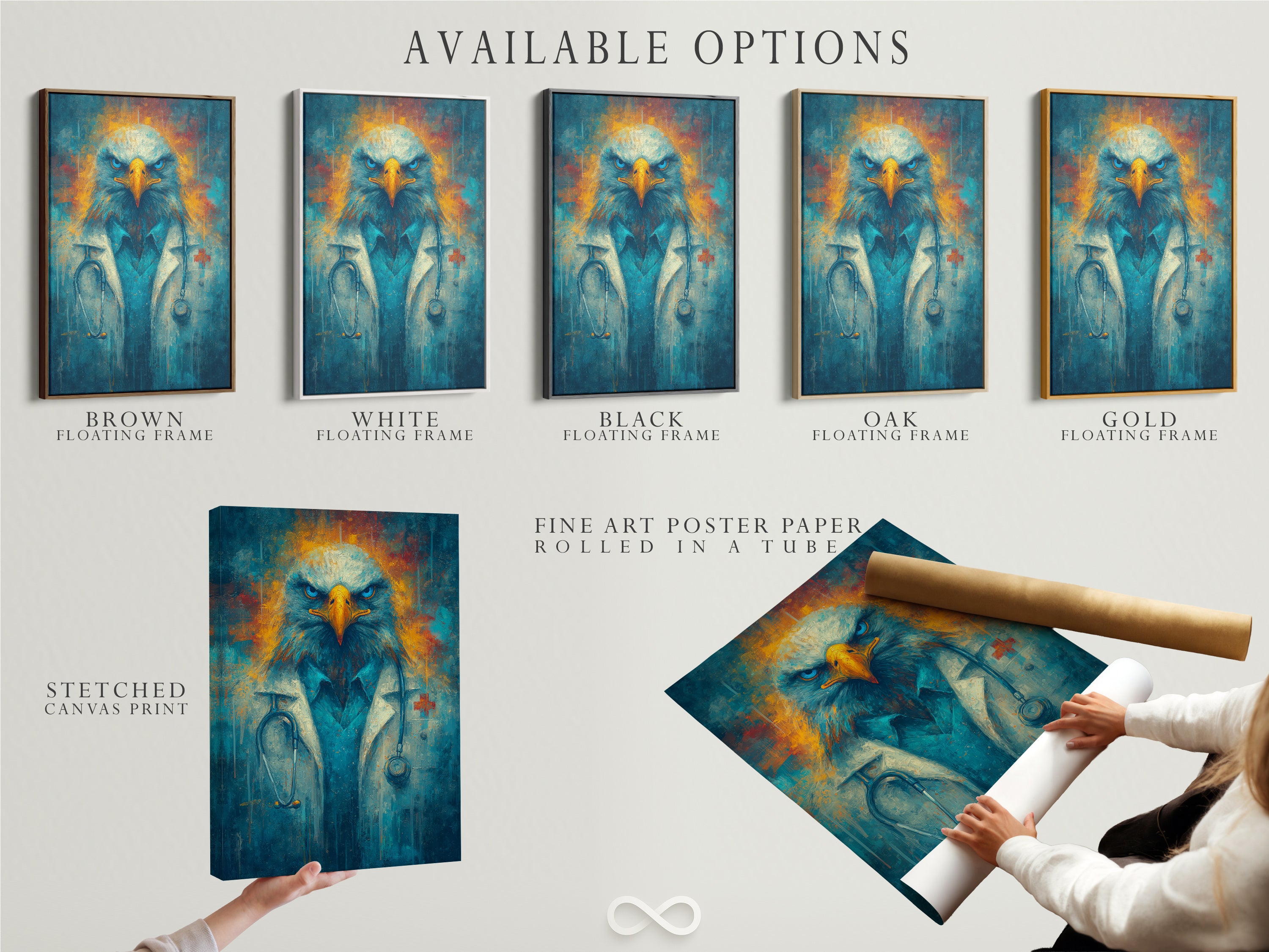 Available options for the Eagle Doctor artwork are displayed. Choose from a stretched canvas print fine art poster paper or a floating frame. This medical wall art is perfect for medical office decor. The animal portrait canvas adds a contemporary style with blue and gold accents.