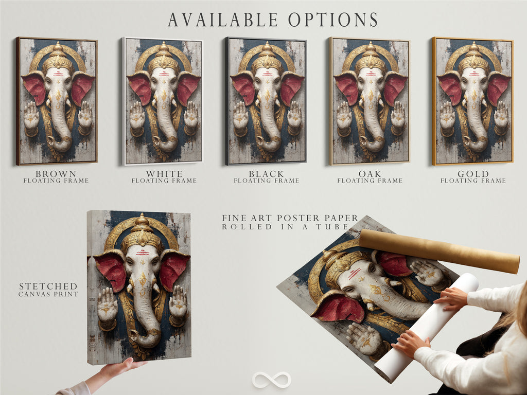 Available options for Ganesha Wall Art are shown. These include stretched canvas prints fine art poster paper and floating frames. This Hindu Elephant God art enhances spiritual bohemian decor. Perfect for meditation rooms and yoga studios.