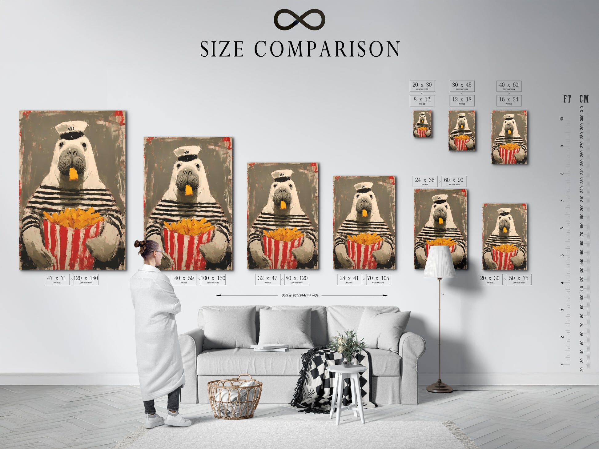 A size comparison chart is displayed in an interior setting. See how the sailor walrus artwork fits in different spaces. Choose the perfect size for your wall. This chart helps visualize the impact of your art.