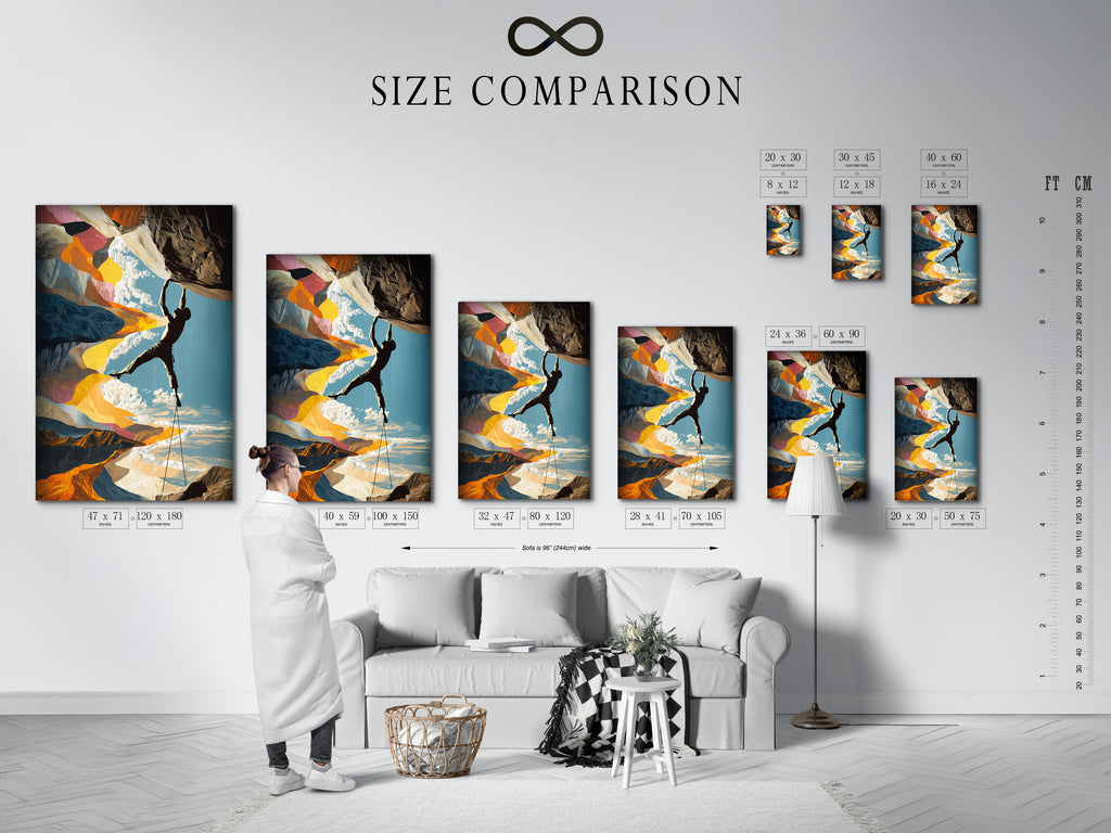 Size comparison chart in an interior setting. See how our rock climbing artwork looks in different sizes. This adventure canvas wall art is perfect for any room. It is a mountain sports art piece. It is a great gift for climbers