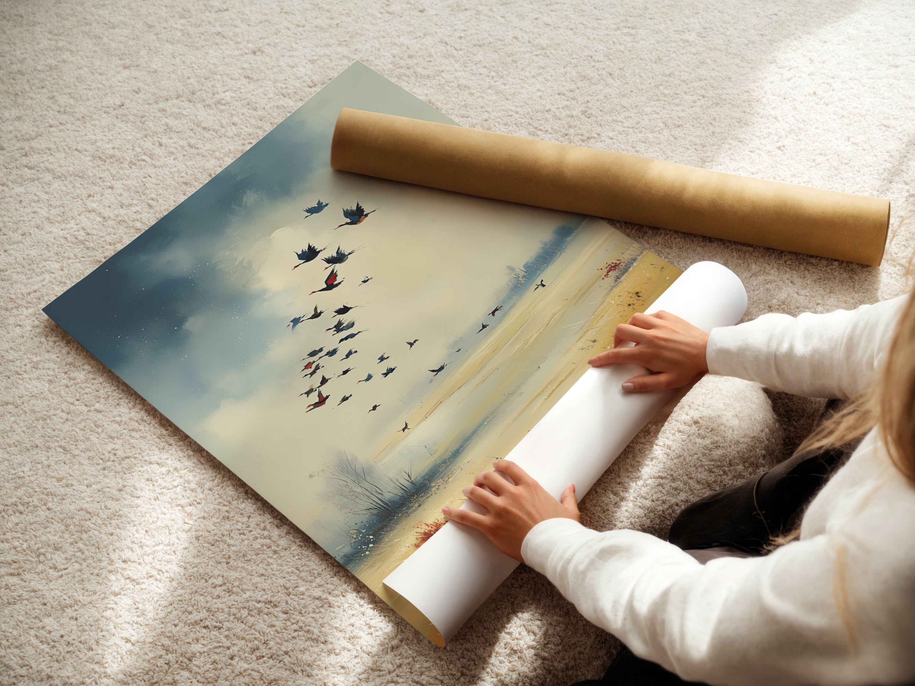 A woman carefully rolls a fine art poster paper of the Birds in Flight artwork. This high-quality paper ensures a vibrant and lasting print. Perfect for those who appreciate fine details. Get your own autumn landscape art ready for framing. Experience the beauty of nature in your home.