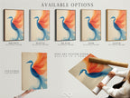 Explore available options for the crane artwork. Choose from stretched canvas print fine art poster paper or floating frame. Customize your artwork to match your style. Enhance your space with this teal and coral artwork.