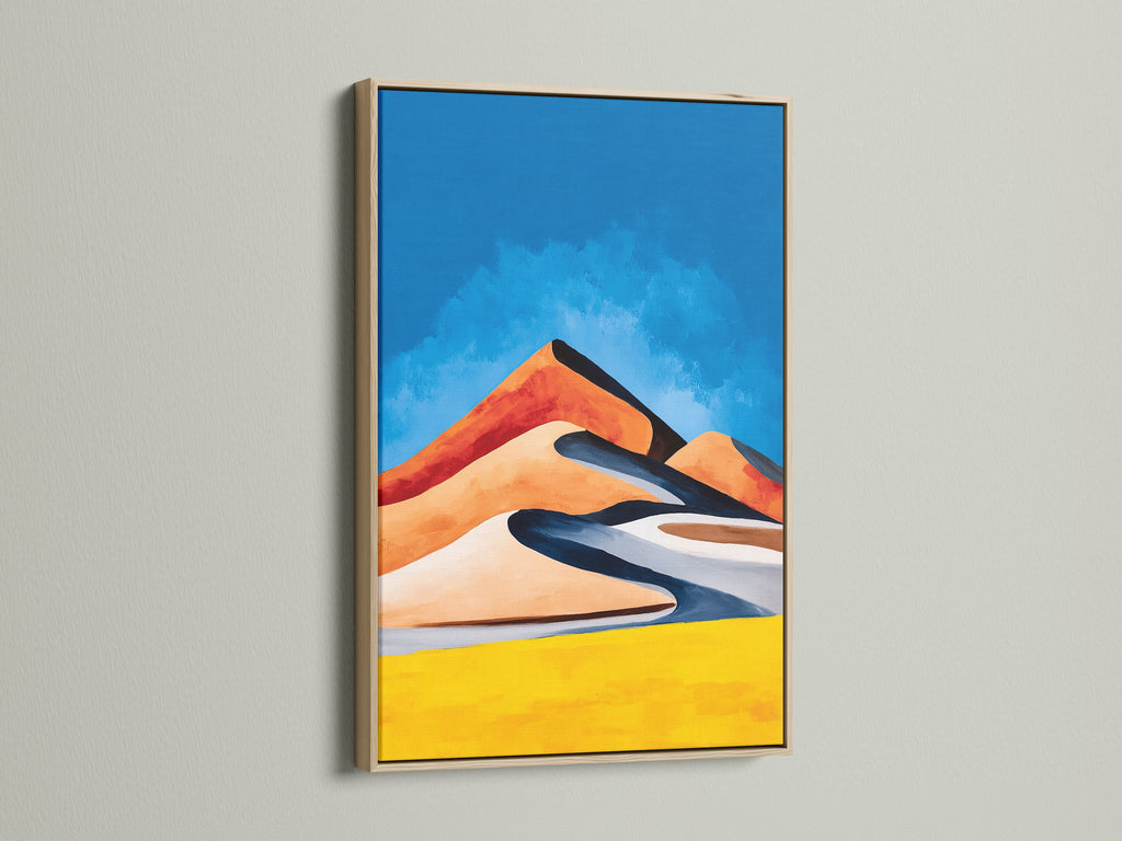 Discover the beauty of our Abstract Desert Landscape artwork in an oak frame. This piece adds warmth and sophistication to your decor. The artwork features colorful mountains and a modern canvas art style. Perfect for homeowners renters and business proprietors.