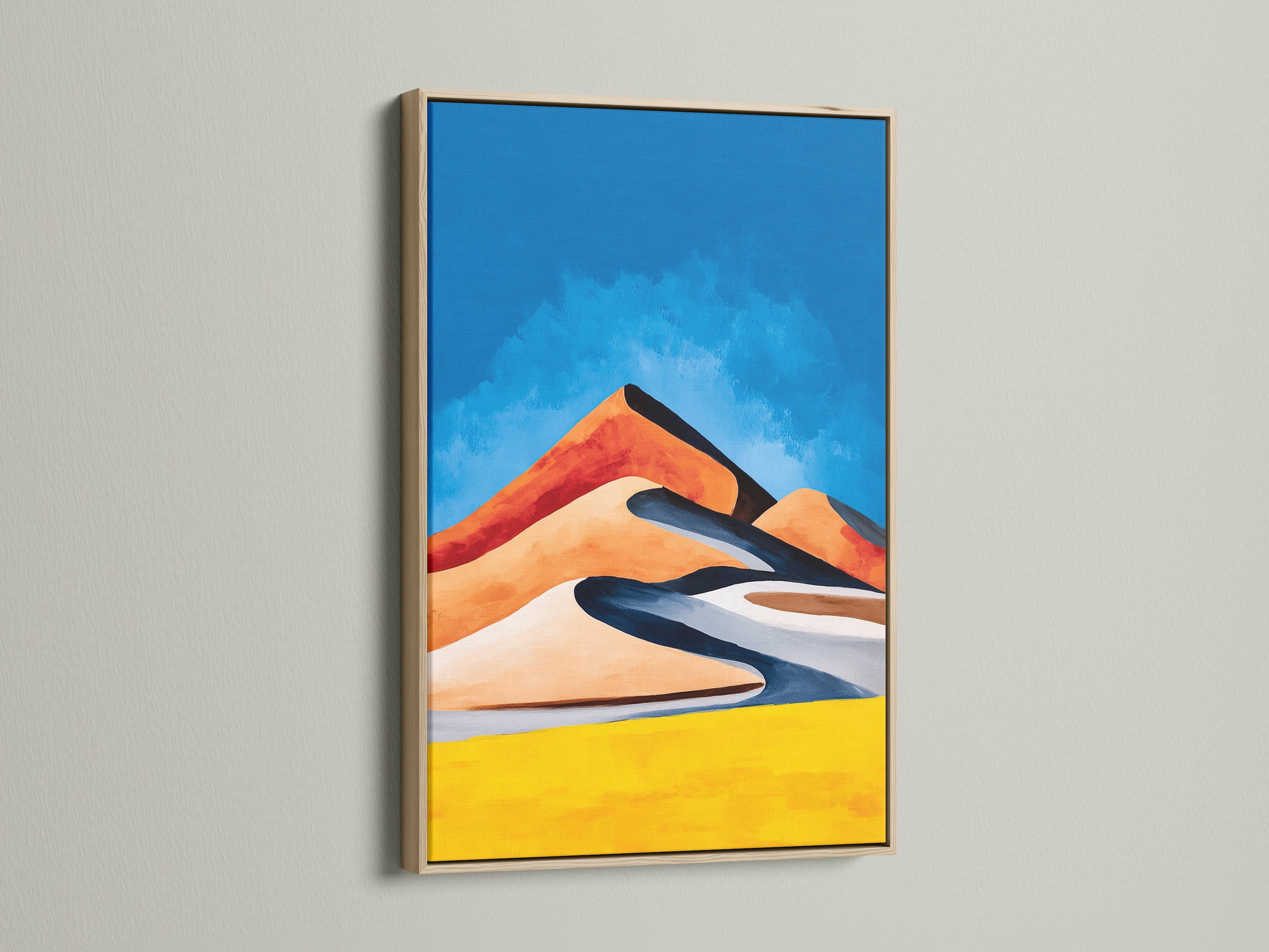 Discover the beauty of our Abstract Desert Landscape artwork in an oak frame. This piece adds warmth and sophistication to your decor. The artwork features colorful mountains and a modern canvas art style. Perfect for homeowners renters and business proprietors.