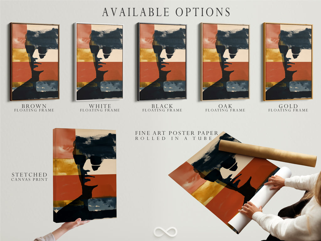 Explore our available artwork options. Choose from a stretched canvas print. Consider fine art poster paper. Or select a floating frame. Find the perfect style for your abstract portrait. We offer versatile options for modern wall decor.