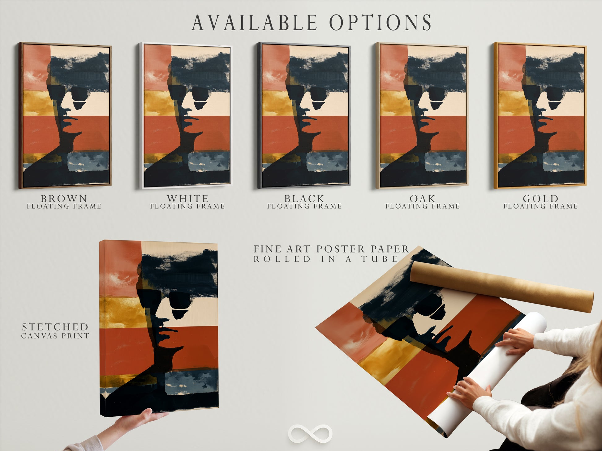 Explore the available options for this artwork. Choose from a stretched canvas print fine art poster paper or a floating frame. Each option enhances the abstract portrait. Customize the artwork to fit your style. The burnt sienna and navy artwork is perfect for any space.