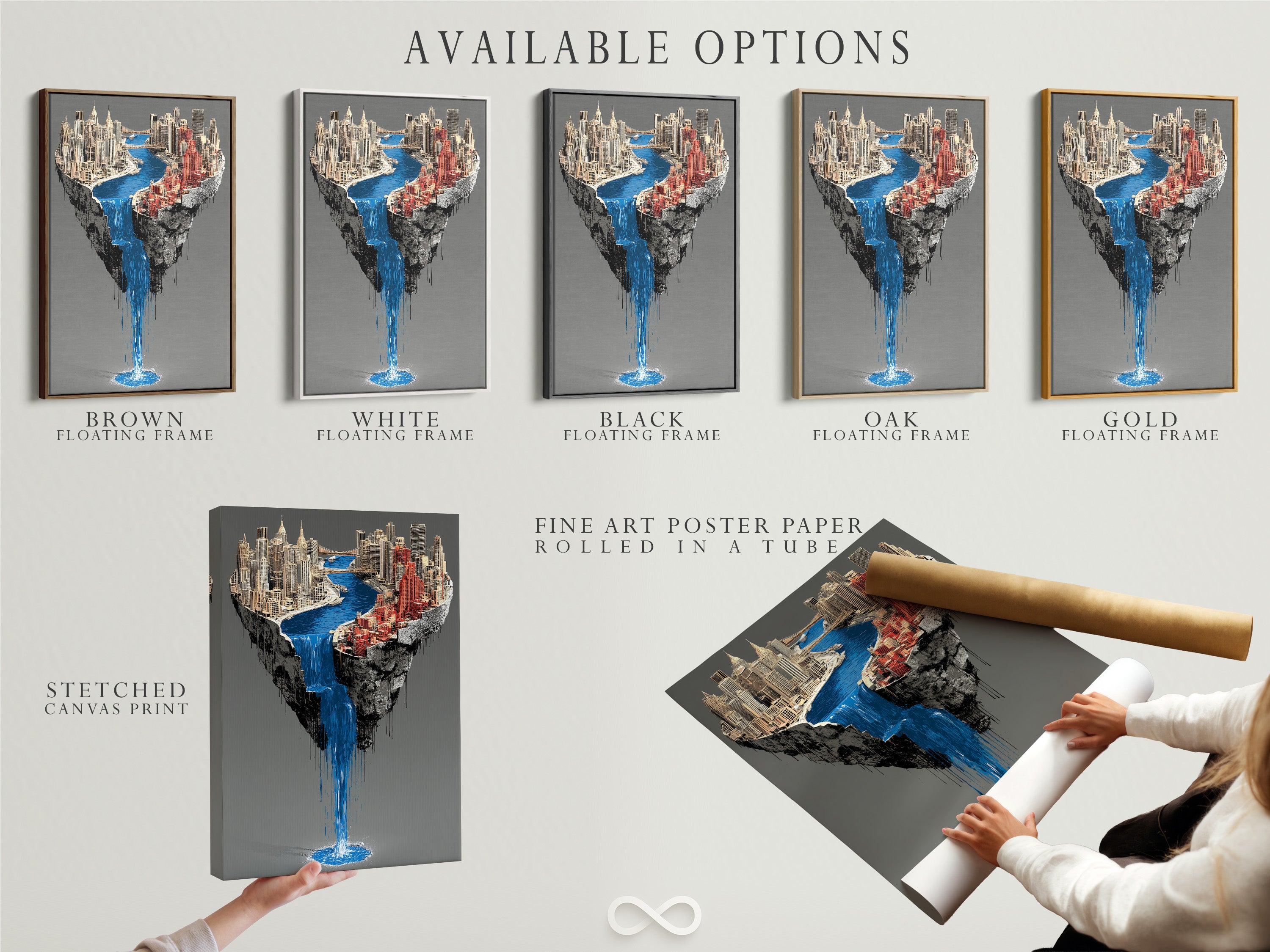 Available options include a stretched canvas print. Also a fine art poster paper and a floating frame. All feature the surreal city waterfall artwork. This contemporary urban art enhances modern decor. Choose the perfect style for your floating island print. It is a unique architectural piece.