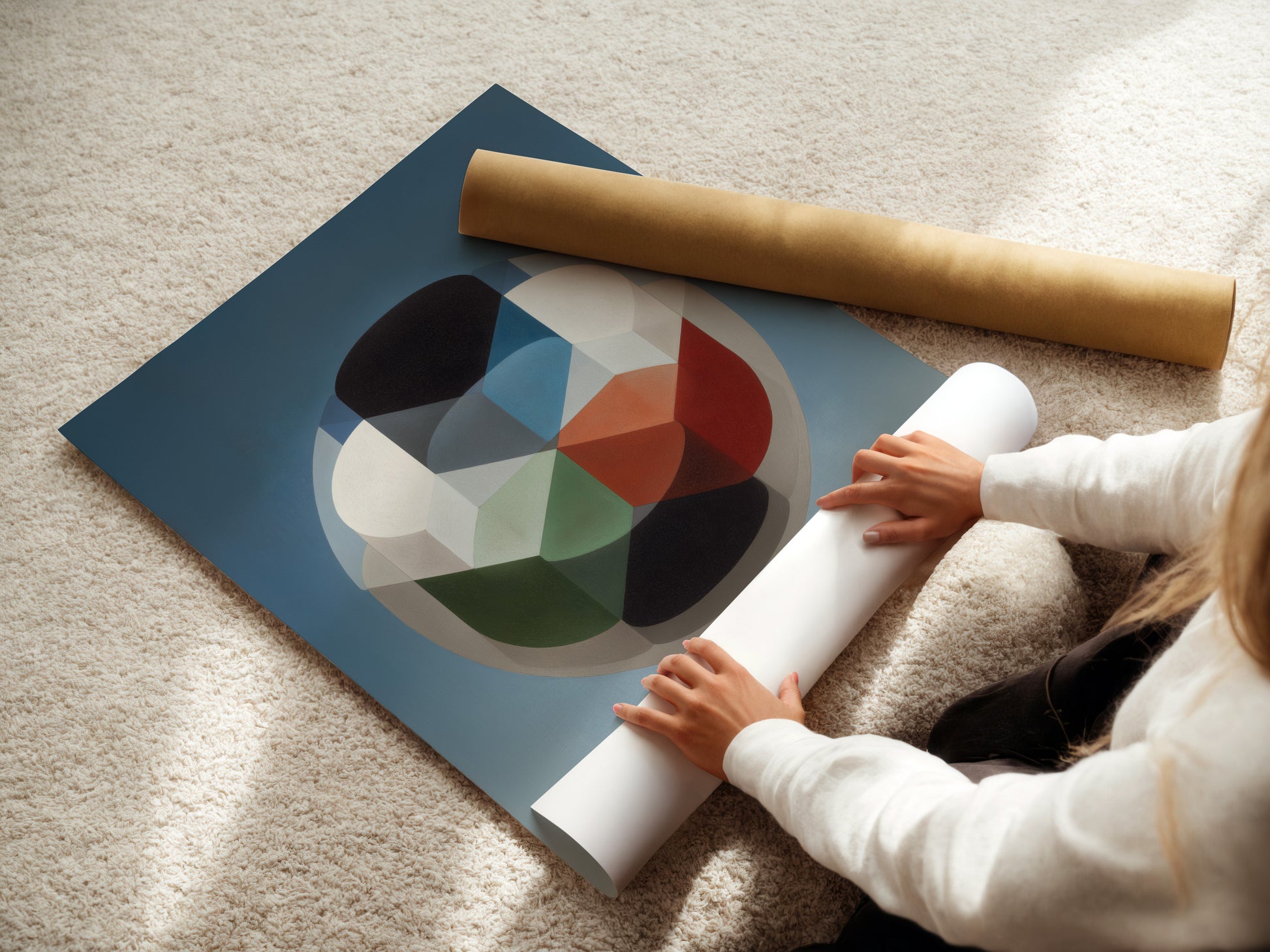 A woman rolling a fine art poster paper. This fine art poster paper is perfect for creating high-quality prints of your favorite artwork. The paper is durable and acid-free. It is designed to last for years.