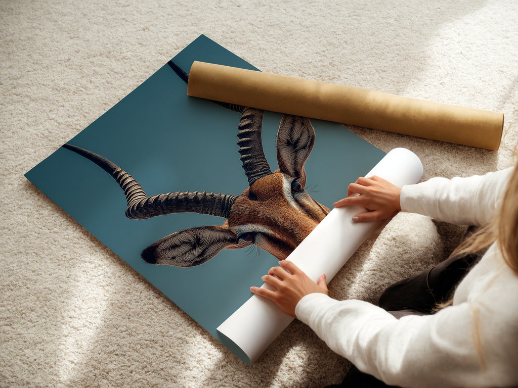 A woman is carefully rolling fine art poster paper. This shows the care in handling our art prints. We ensure each piece is perfect. The prints are protected for delivery.