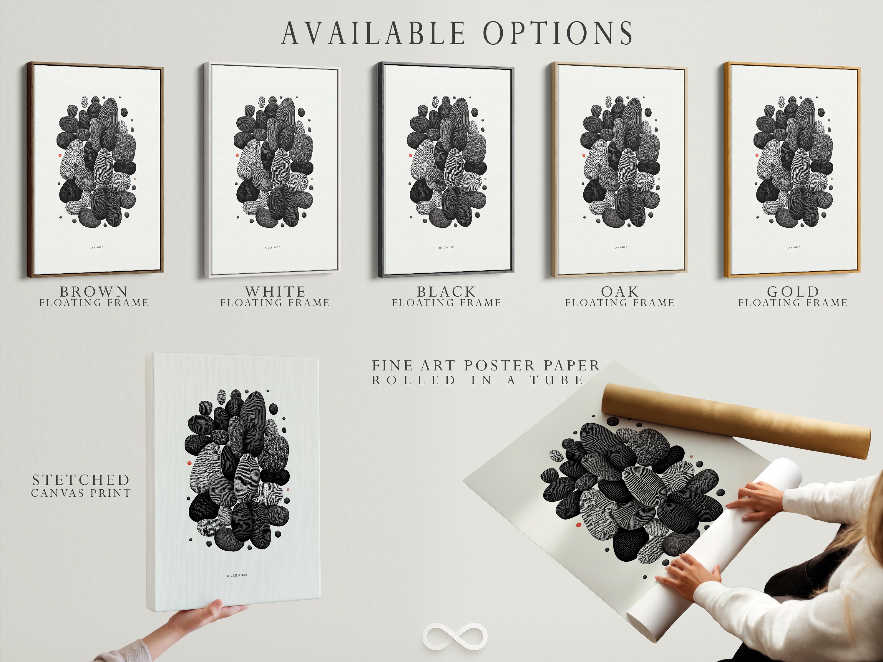 Explore available options for the Abstract Pebble artwork. Choose between stretched canvas print fine art poster paper and a floating frame. Find the perfect style for your minimalist black and white wall art. Elevate your modern decor.