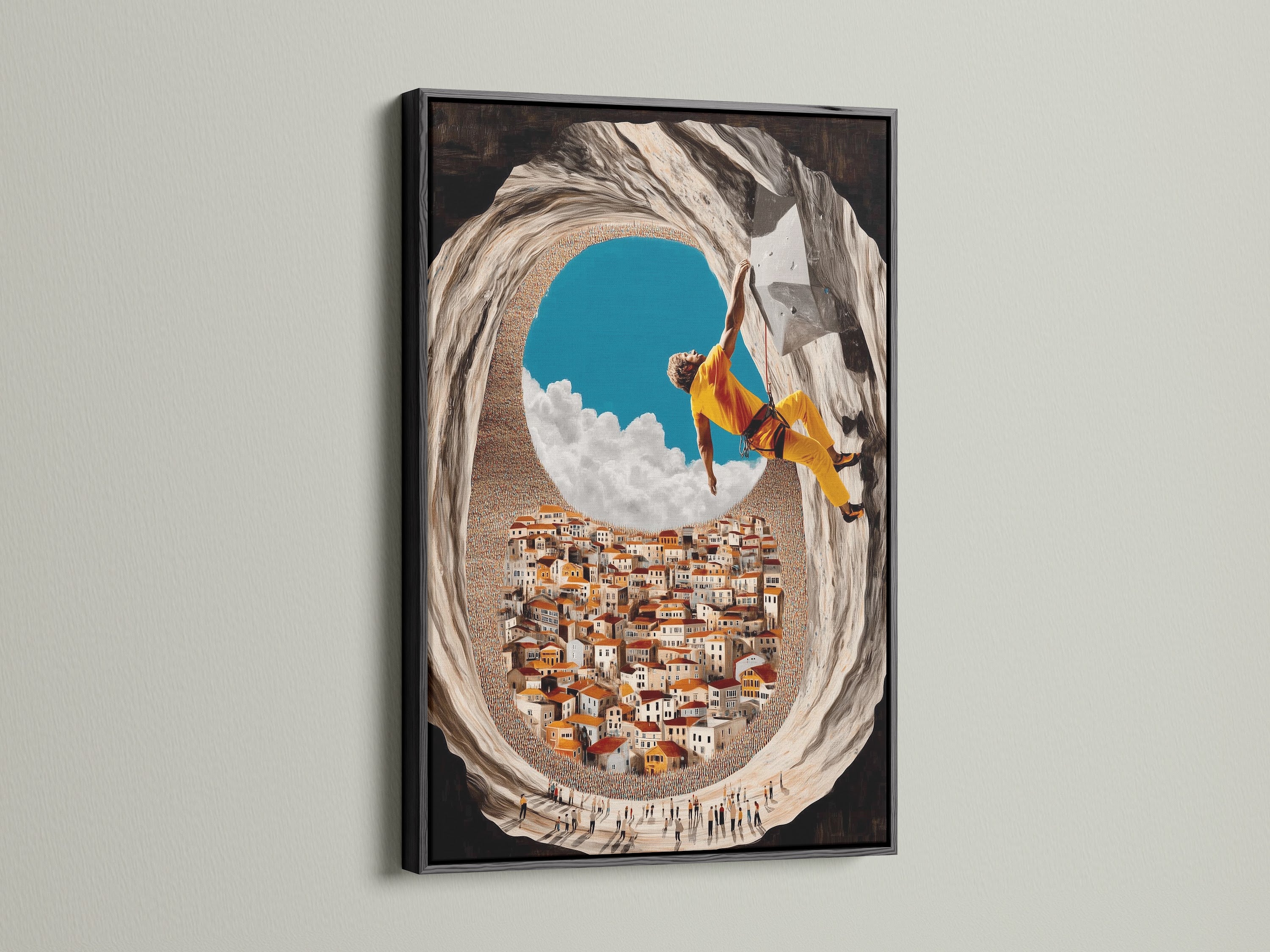 Black frame displays Rock Climbing Art. Adventure wall art for mountaineering art enthusiasts. Sports canvas print for an active lifestyle theme. Mediterranean art adds a touch of the world. Perfect adventure decor for a man cave or living space.
