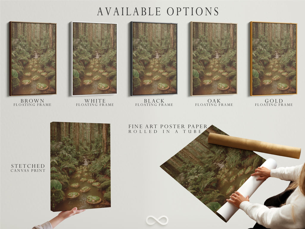 Available options are showcased including stretched canvas print fine art poster paper and a floating frame. The art depicts a frog pond with a forest stream. Choose the perfect format for your space. Decorate your walls today.