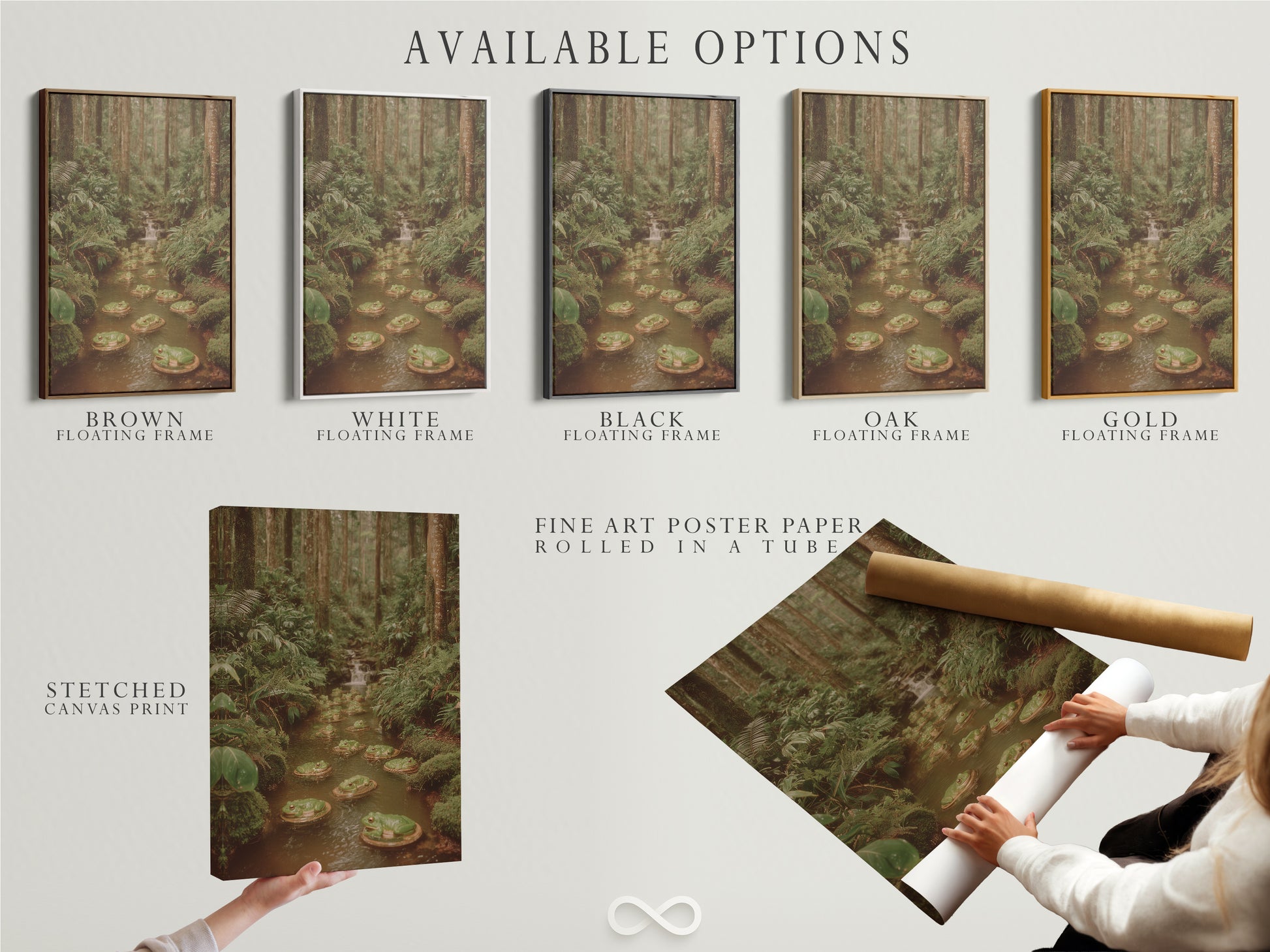 Available options for frog pond artwork displayed. Choose from stretched canvas print fine art poster paper or floating frame. The botanical forest wall art enhances any space. This nature photography print is perfect for wall decoration. Select the perfect option to complement your style. Bring nature into your home with this wilderness art.