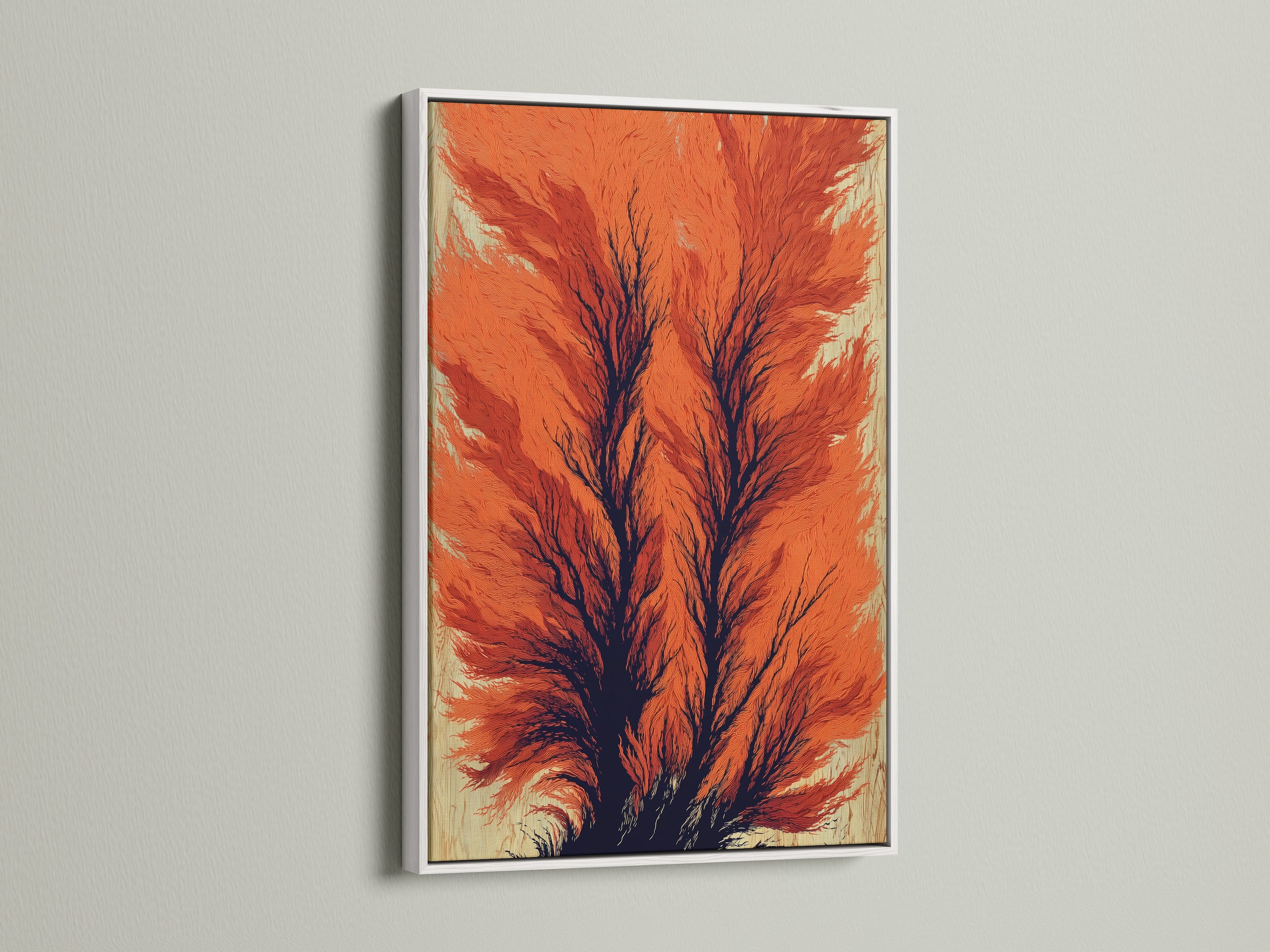 A white frame highlights the vibrant abstract tree art. The contrast accentuates the burnt orange and black details. This modern wall art is perfect for a study room. Add a touch of nature-inspired artwork to your home.