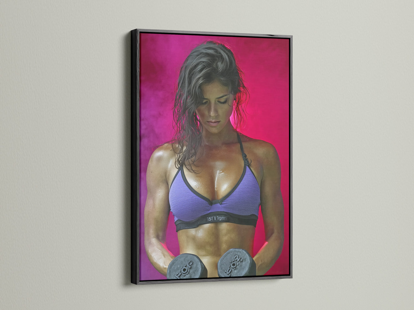Fitness Woman artwork with a black frame. The artwork shows a powerful woman lifting weights. It is an excellent piece for gym wall decor. Transform your home gym. Inspire your fitness journey with this art.
