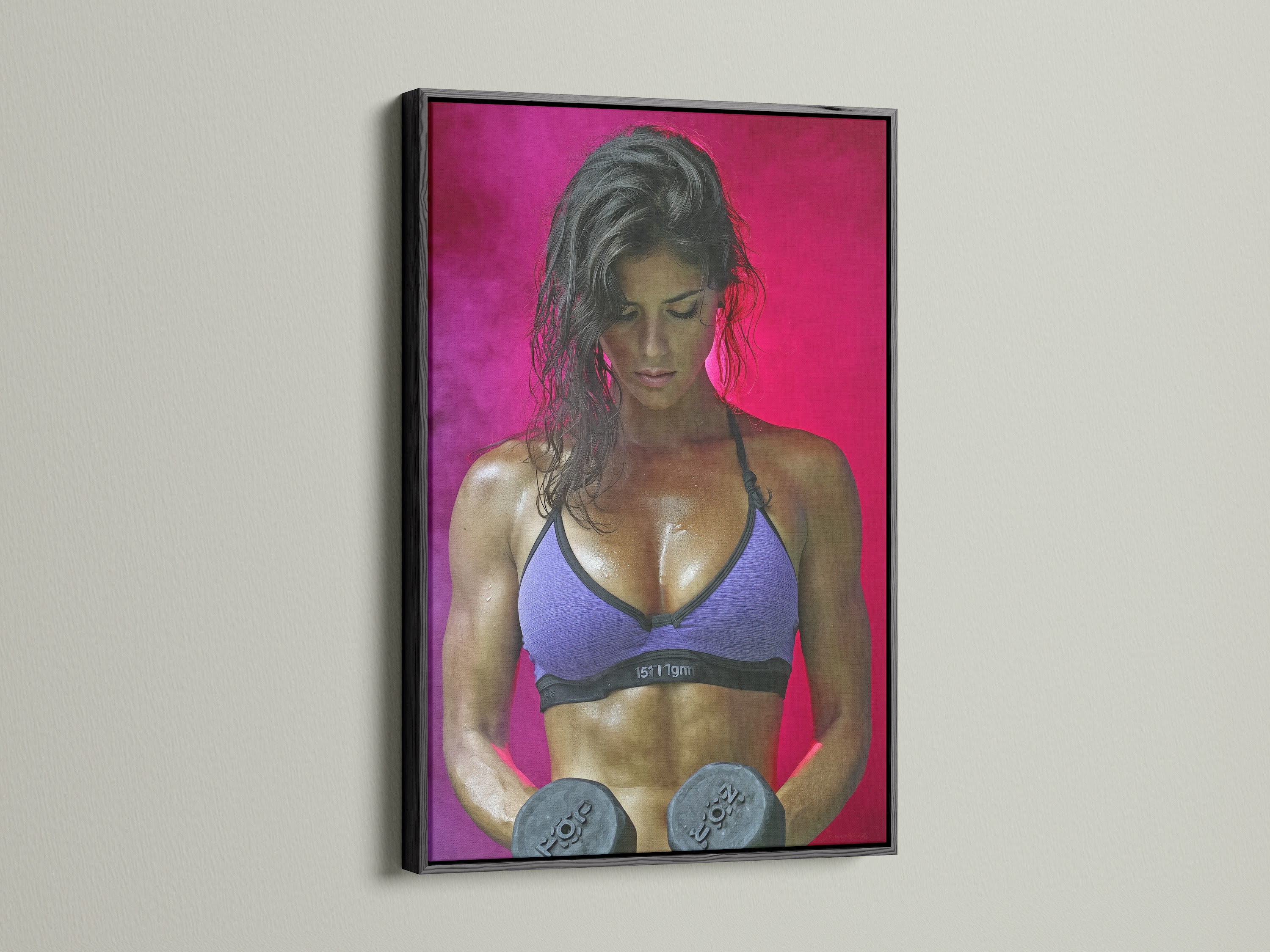 Fitness Woman artwork with a black frame. The artwork shows a powerful woman lifting weights. It is an excellent piece for gym wall decor. Transform your home gym. Inspire your fitness journey with this art.